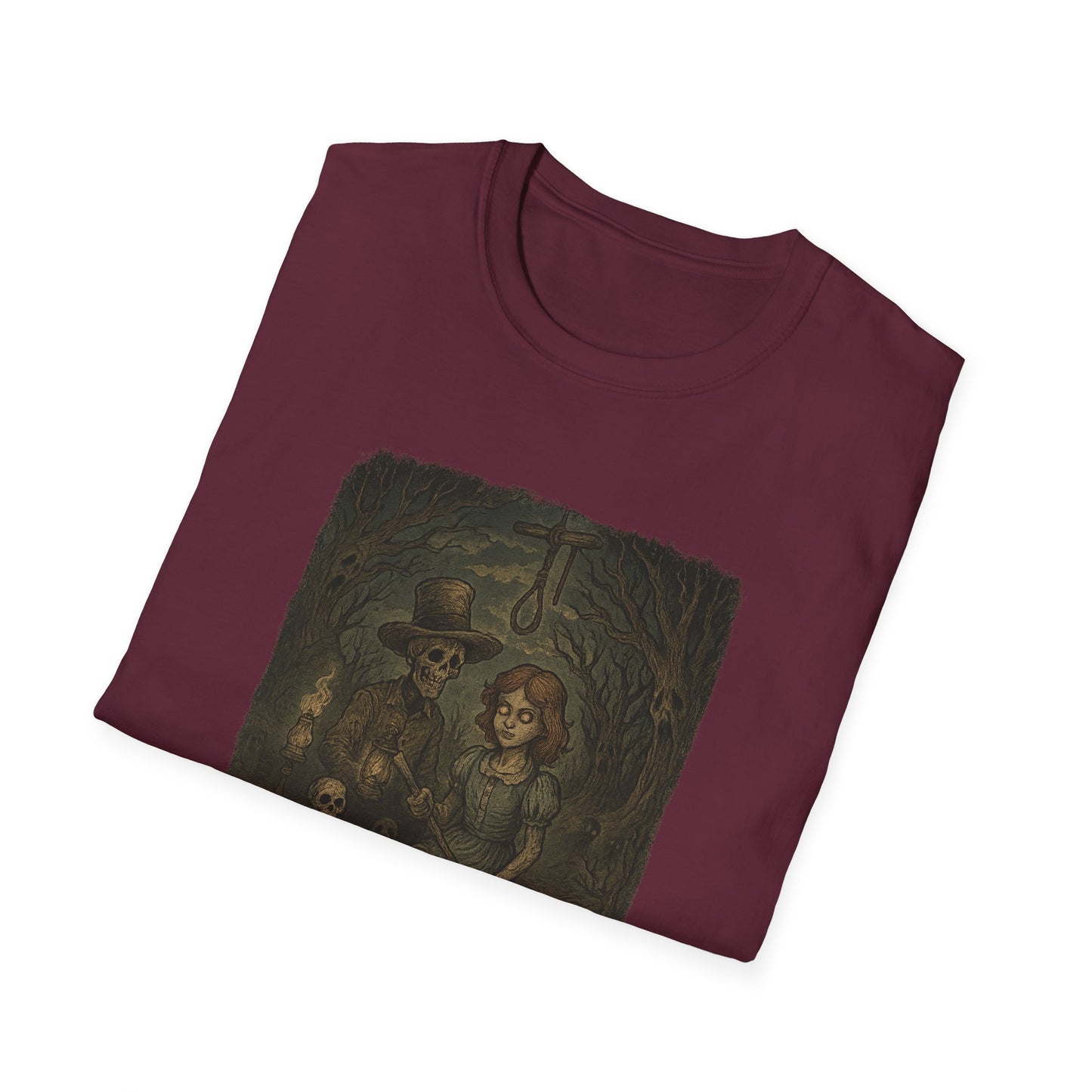 Burgundy Printify haunted huck finn t-shirt featuring spooky skeleton and girl artwork