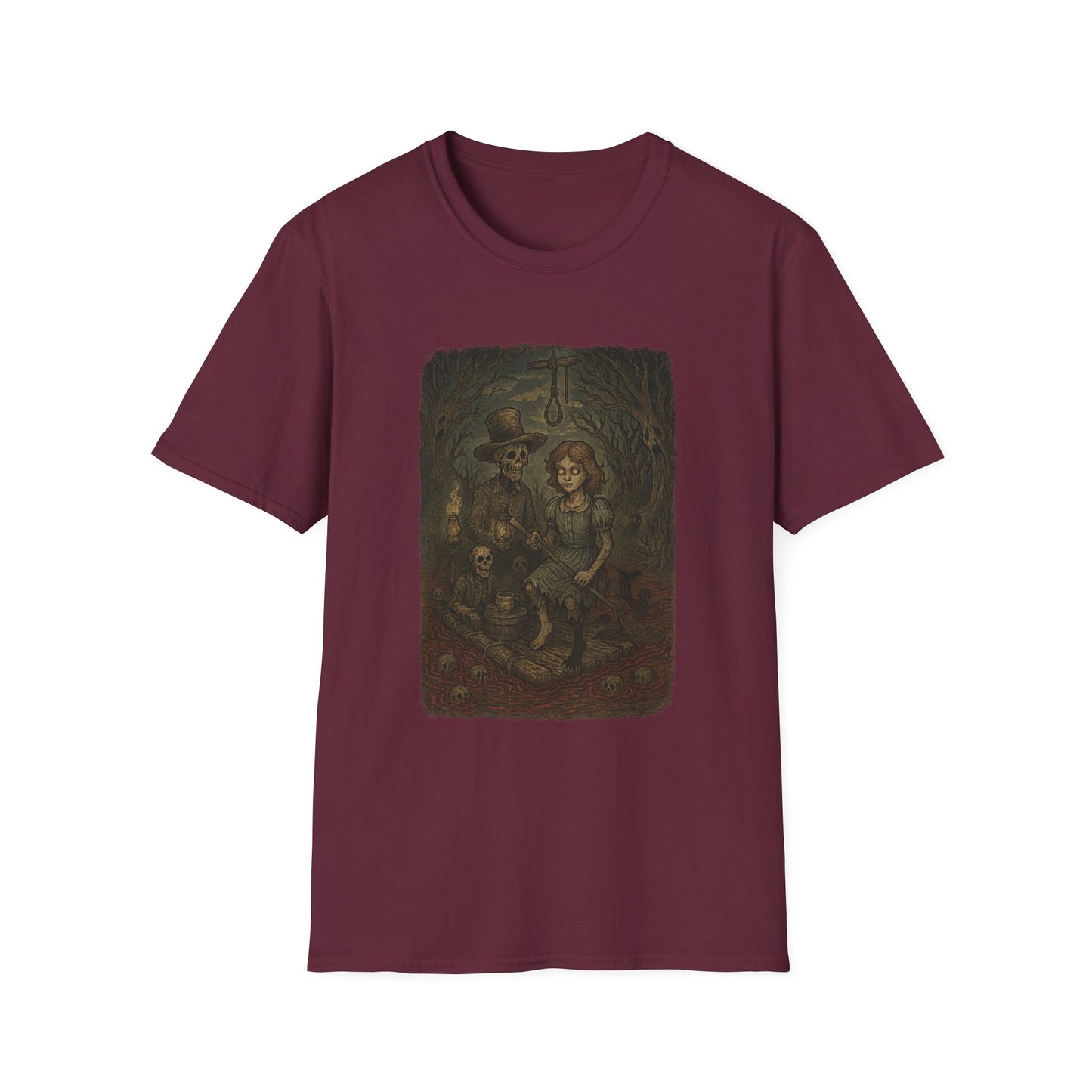 Maroon haunted huck finn t-shirt with eerie illustration of skeletal and ghostly characters