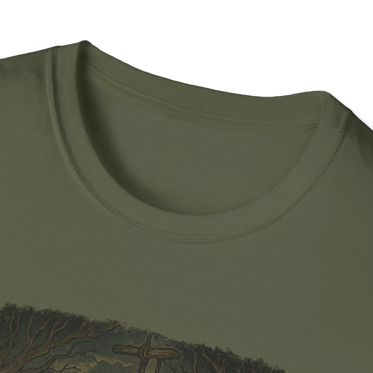 Close-up of olive green haunted huck finn t-shirt collar and part of graphic design by Printify