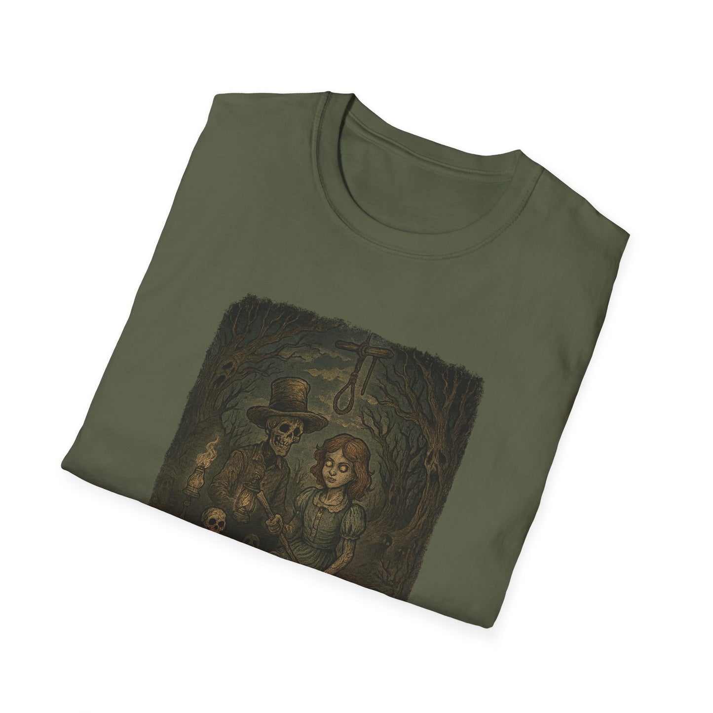 Printify haunted huck finn t-shirt with spooky vintage style artwork on olive green fabric