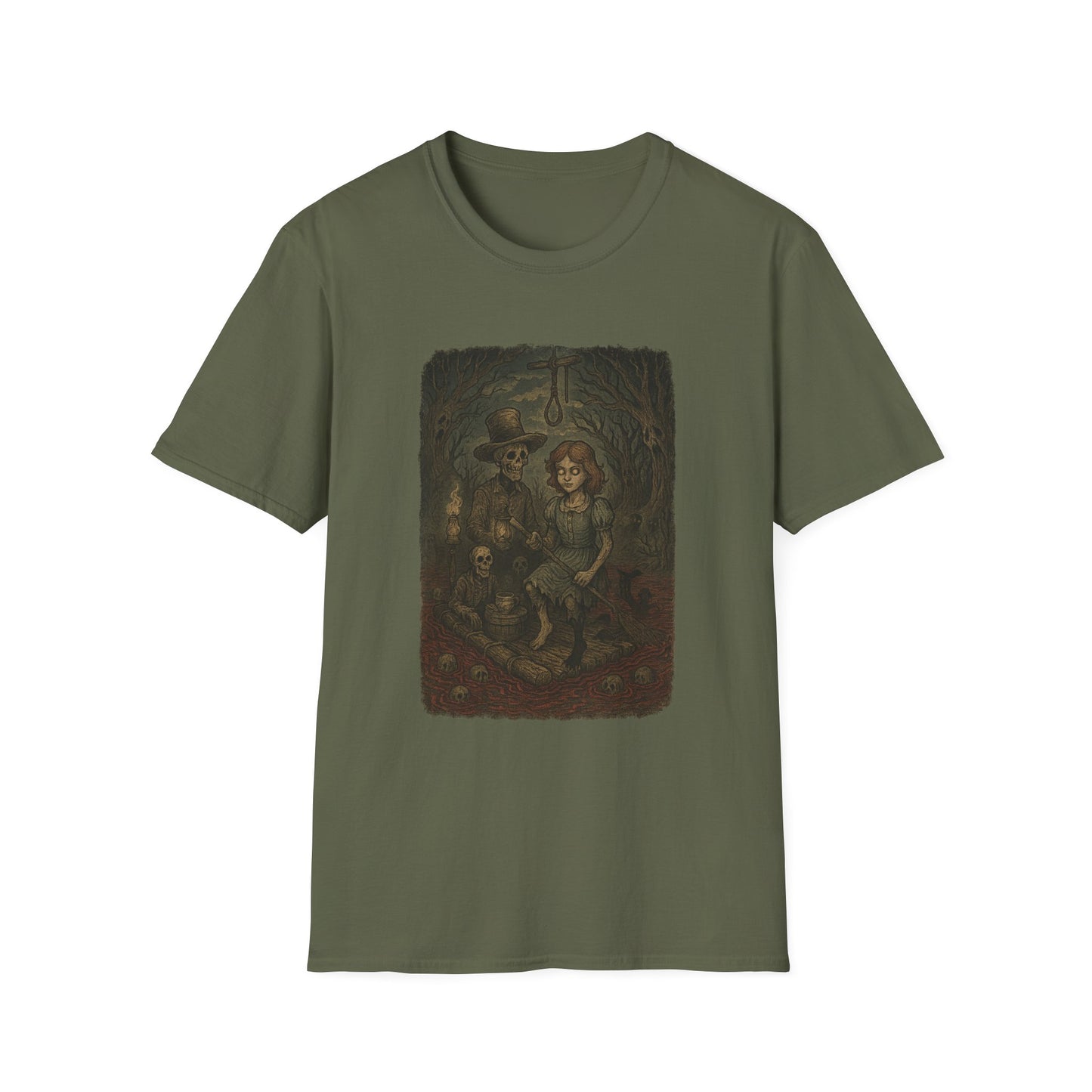 Green haunted huck finn t-shirt featuring eerie illustration of skeletons and a girl in a dark forest