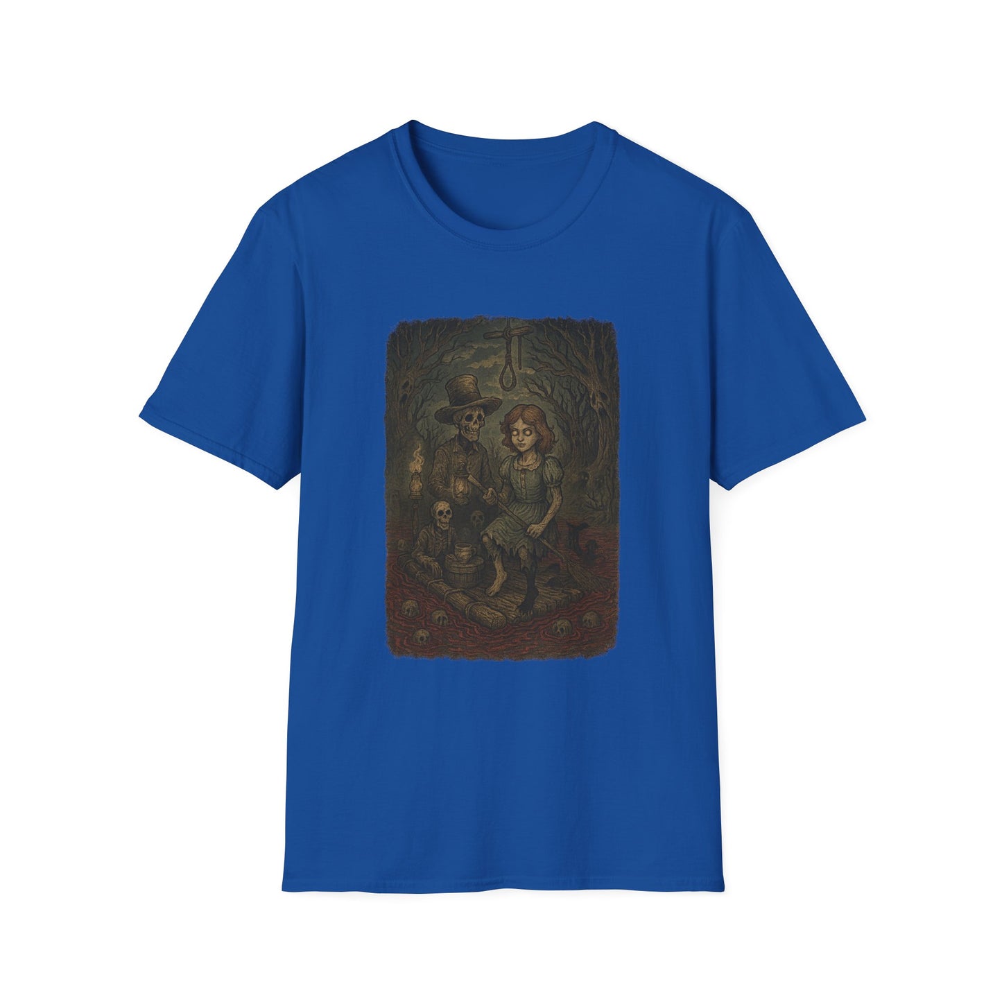 Blue Printify haunted huck finn t-shirt featuring spooky Huck Finn and skeleton characters in a dark, eerie forest design
