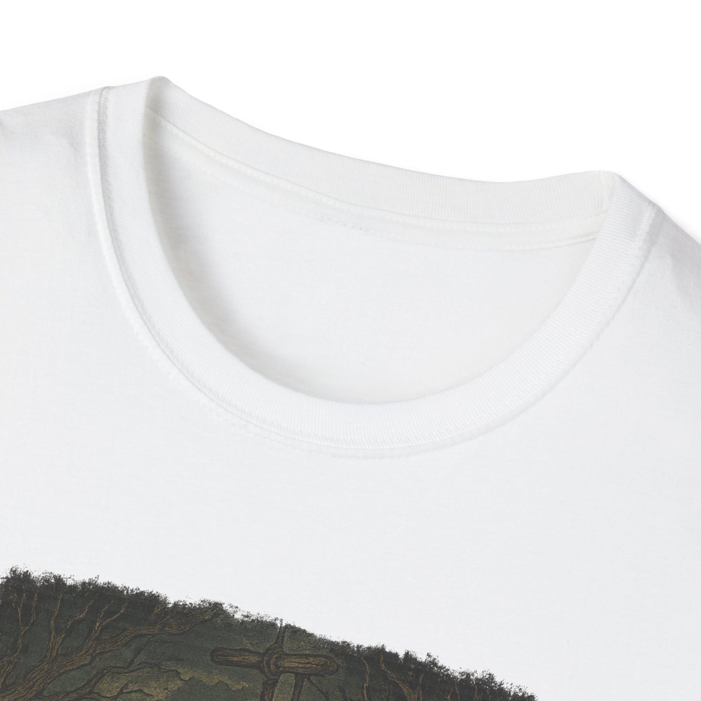 Close-up of white Printify haunted huck finn t-shirt showing collar and part of graphic design