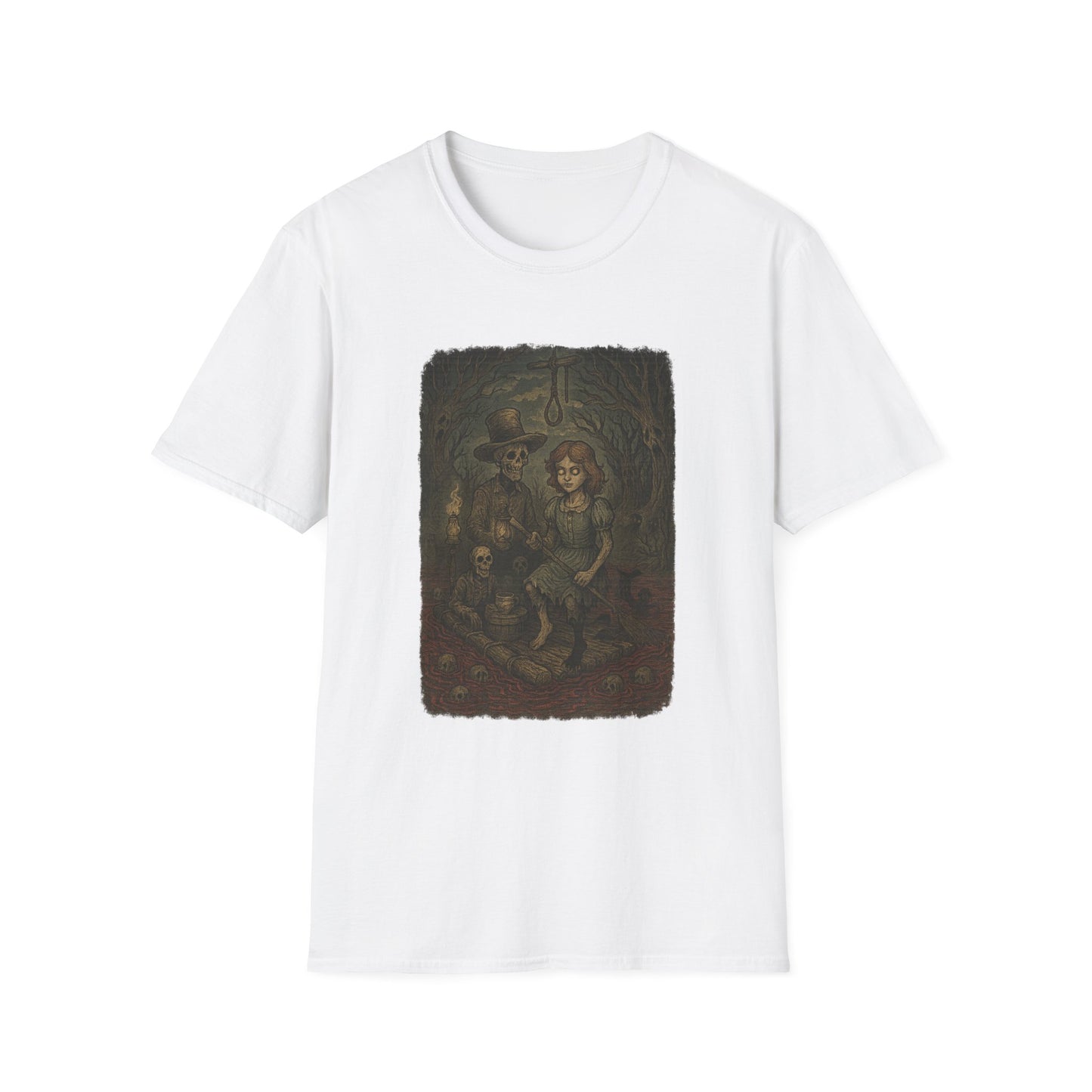 Printify white haunted huck finn t-shirt featuring a spooky vintage-style illustration with skeletons and a girl