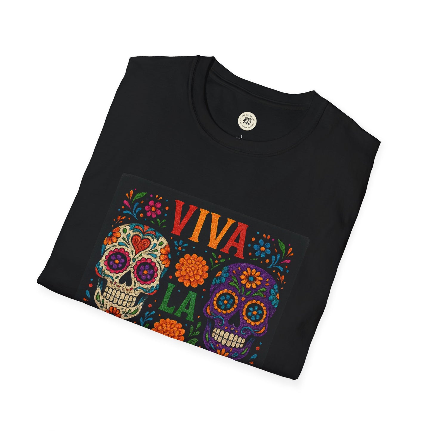 Printify black folded t shirt with Viva La colorful sugar skull graphic Day of the Dead skull t-shirt