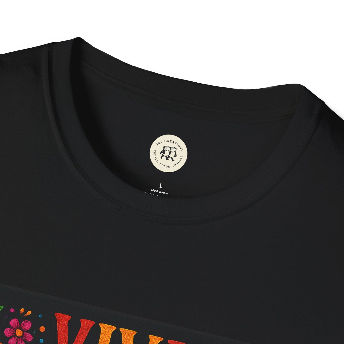 Printify black crew neck Day of the Dead skull t-shirt close up showing colorful floral skull print on chest
