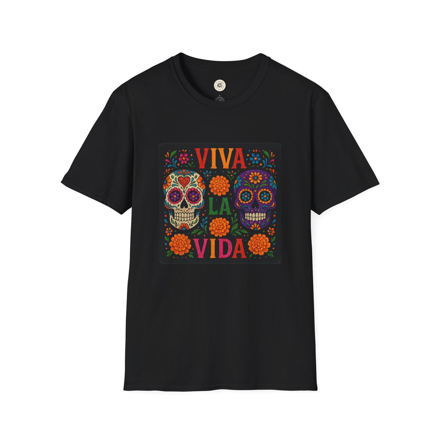 Printify black Day of the Dead skull t-shirt featuring colorful sugar skulls and Viva La Vida floral design