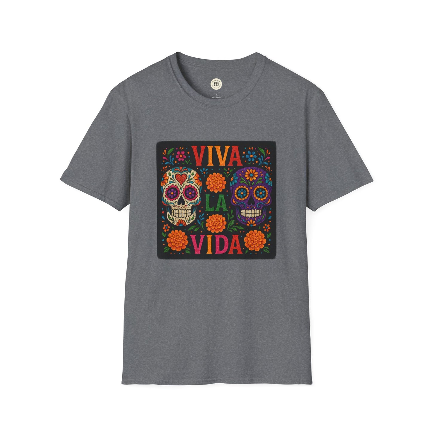 Printify gray t-shirt with colorful Viva La Vida sugar skull design and marigold flowers Day of the Dead skull t-shirt