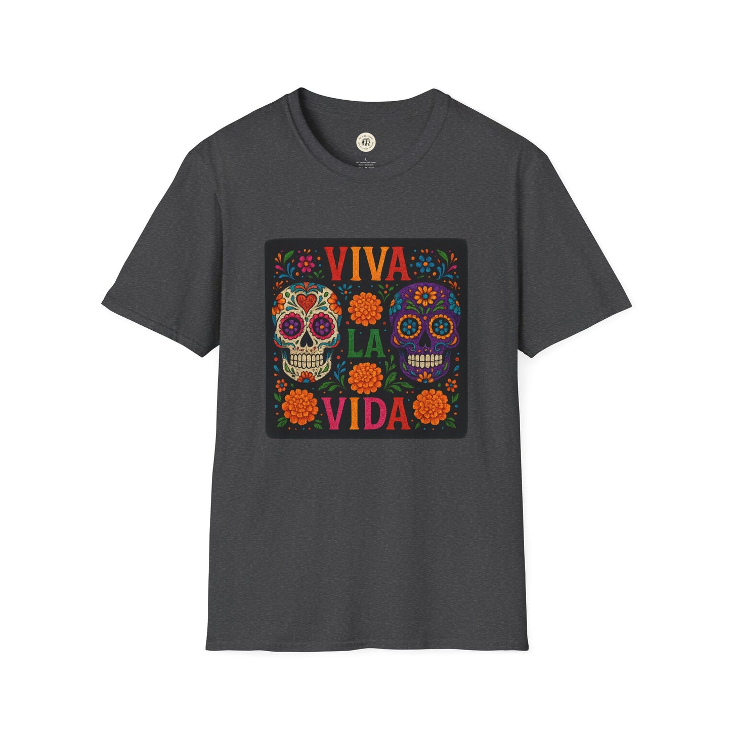Printify charcoal T-shirt featuring Viva La Vida colorful sugar skulls and marigolds Day of the Dead skull t-shirt