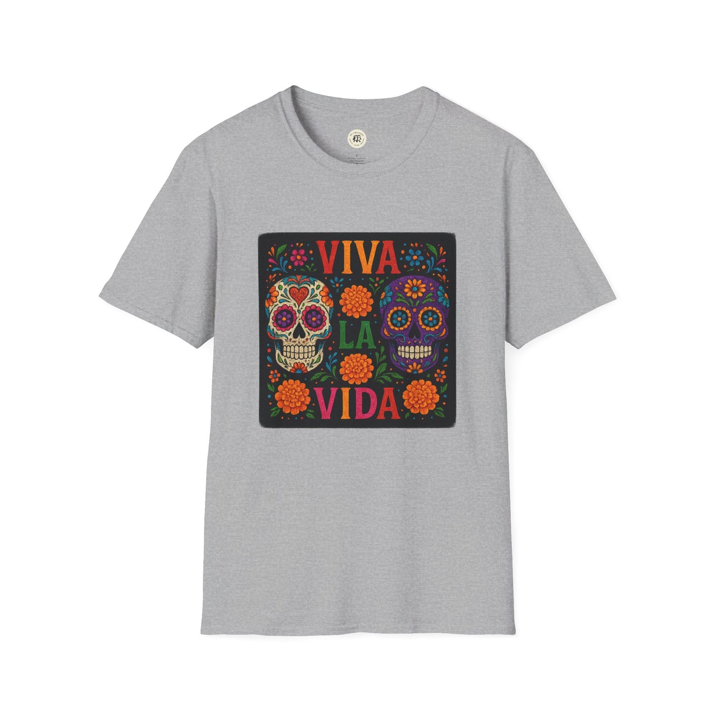 Printify gray tee with colorful Viva La Vida sugar skull design Day of the Dead skull t-shirt