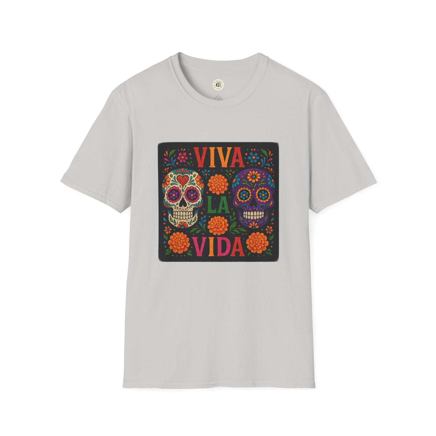 Printify Day of the Dead skull t-shirt light gray with colorful sugar skulls Viva La Vida floral design