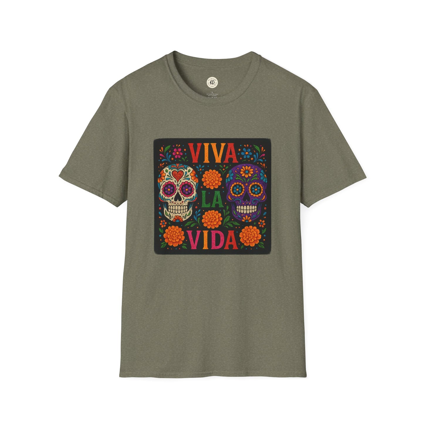 Printify olive t shirt with Viva La Vida colorful sugar skull square print Day of the Dead skull t-shirt