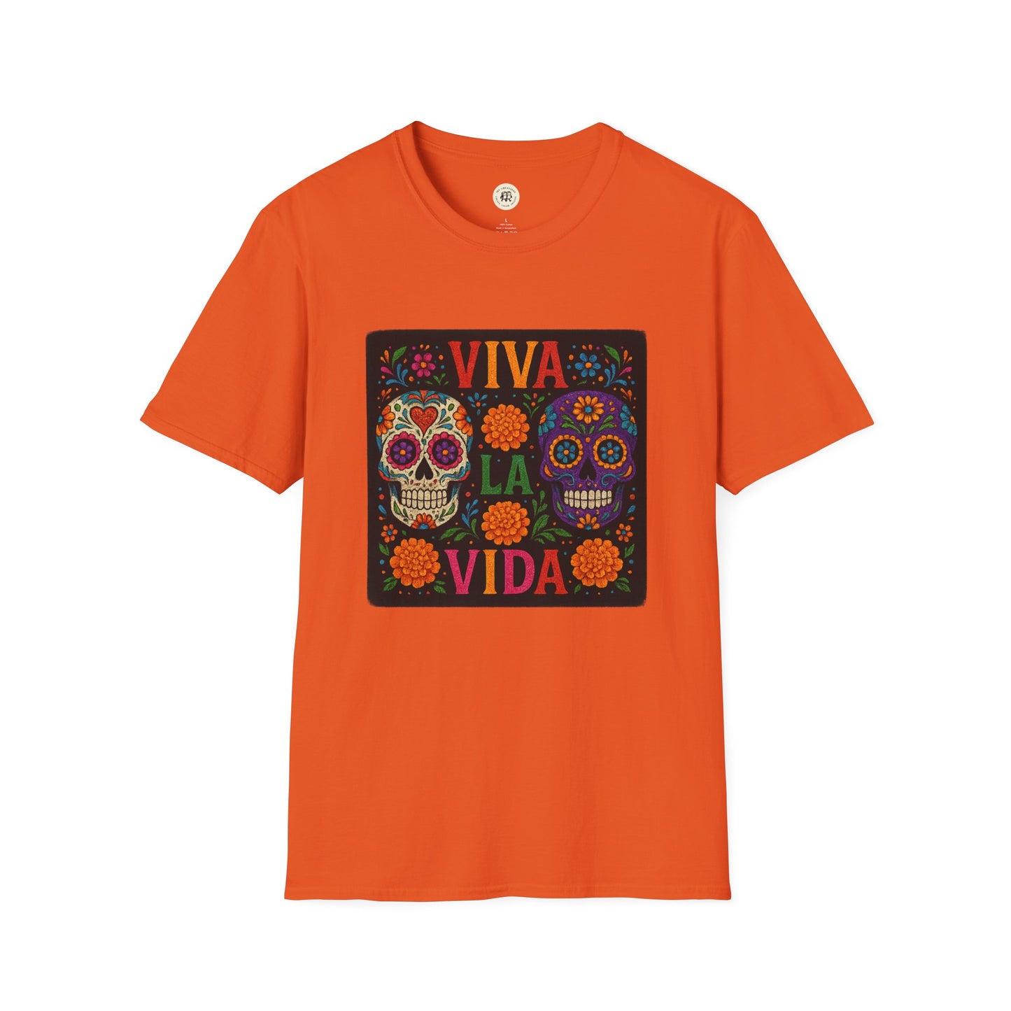 Orange Printify t shirt with Viva La Vida colorful sugar skull print and marigold accents Day of the Dead skull t-shirt
