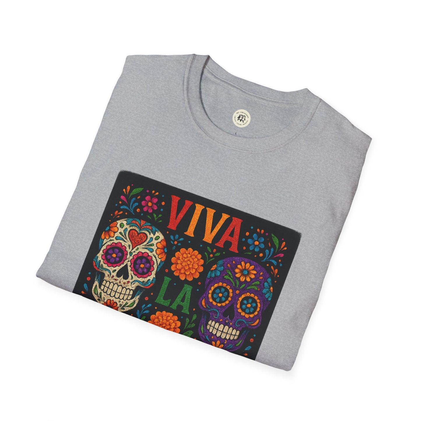 Folded gray T shirt with colorful sugar skulls and Viva La print Day of the Dead skull t-shirt