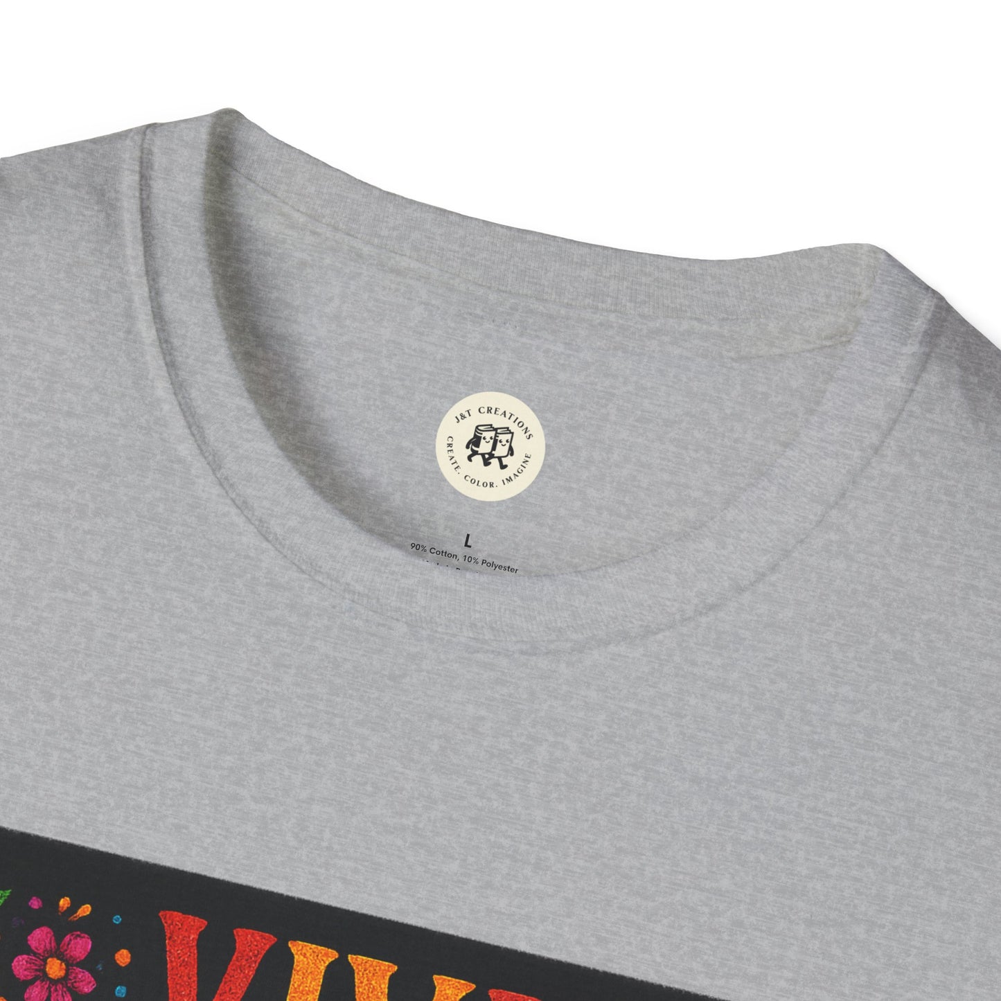 Printify light gray crew neck t-shirt with colorful sugar skull print Day of the Dead skull t-shirt design