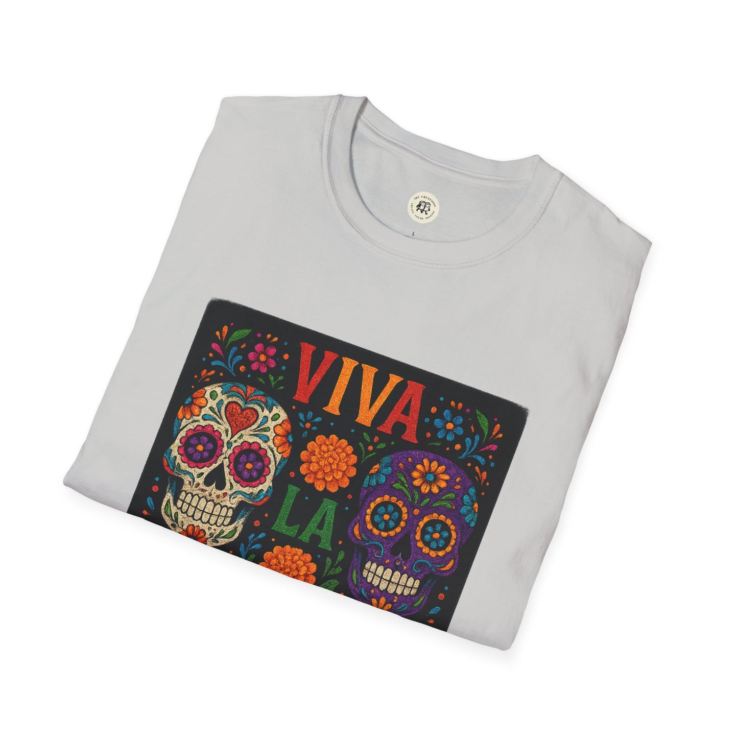 Printify folded light gray Day of the Dead skull t-shirt with colorful sugar skulls Viva La floral design