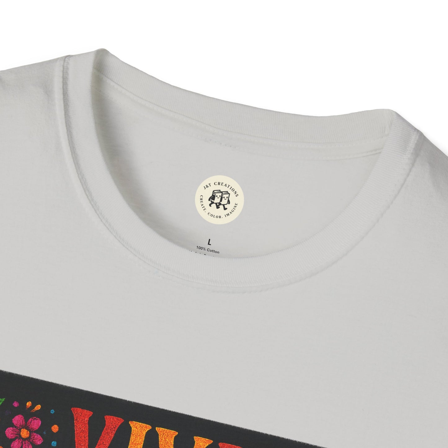 Printify white cotton crew neck Day of the Dead skull t-shirt showing upper chest and partial colorful skull design