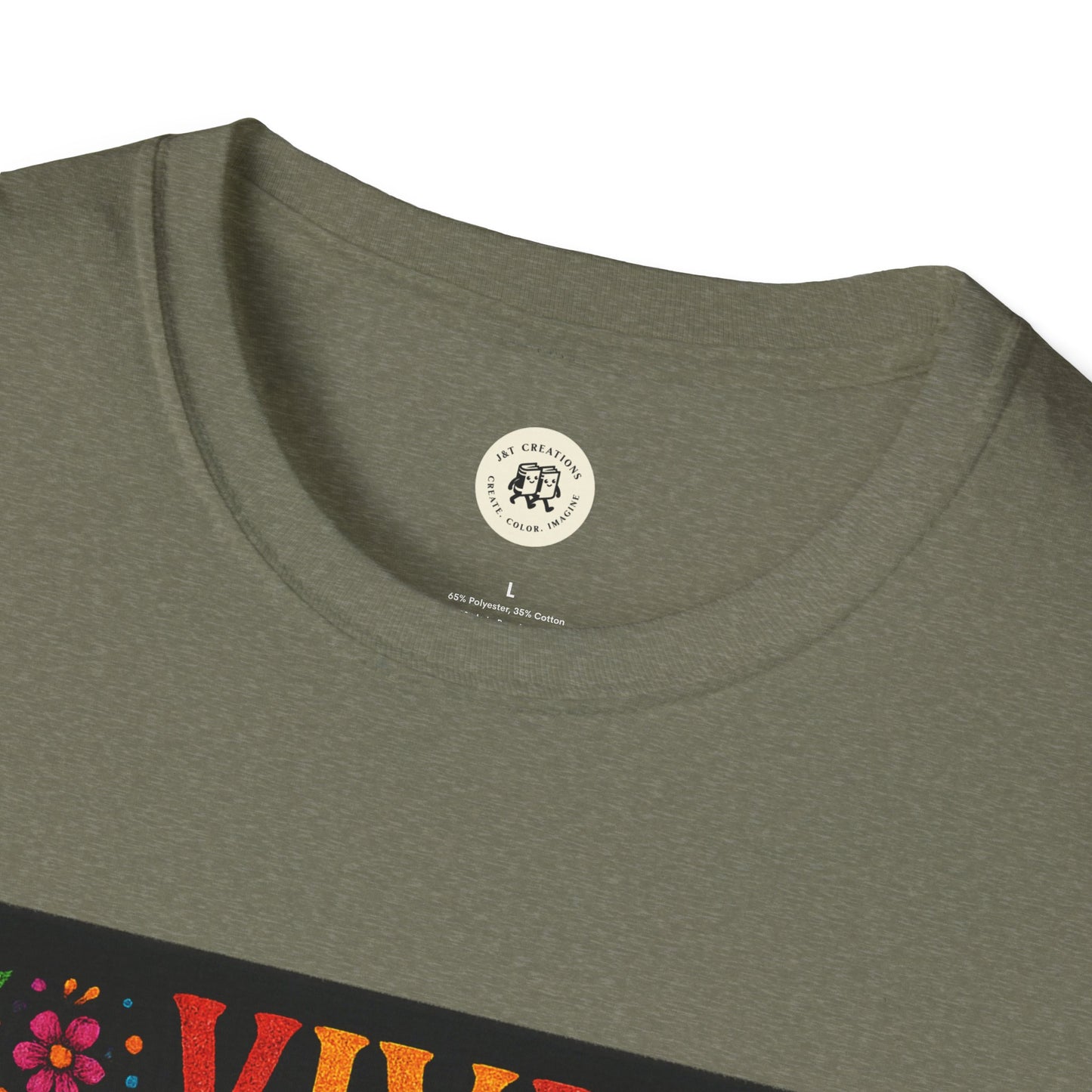 Printify olive crewneck Day of the Dead skull t-shirt showing neckline and colorful floral chest graphic detail