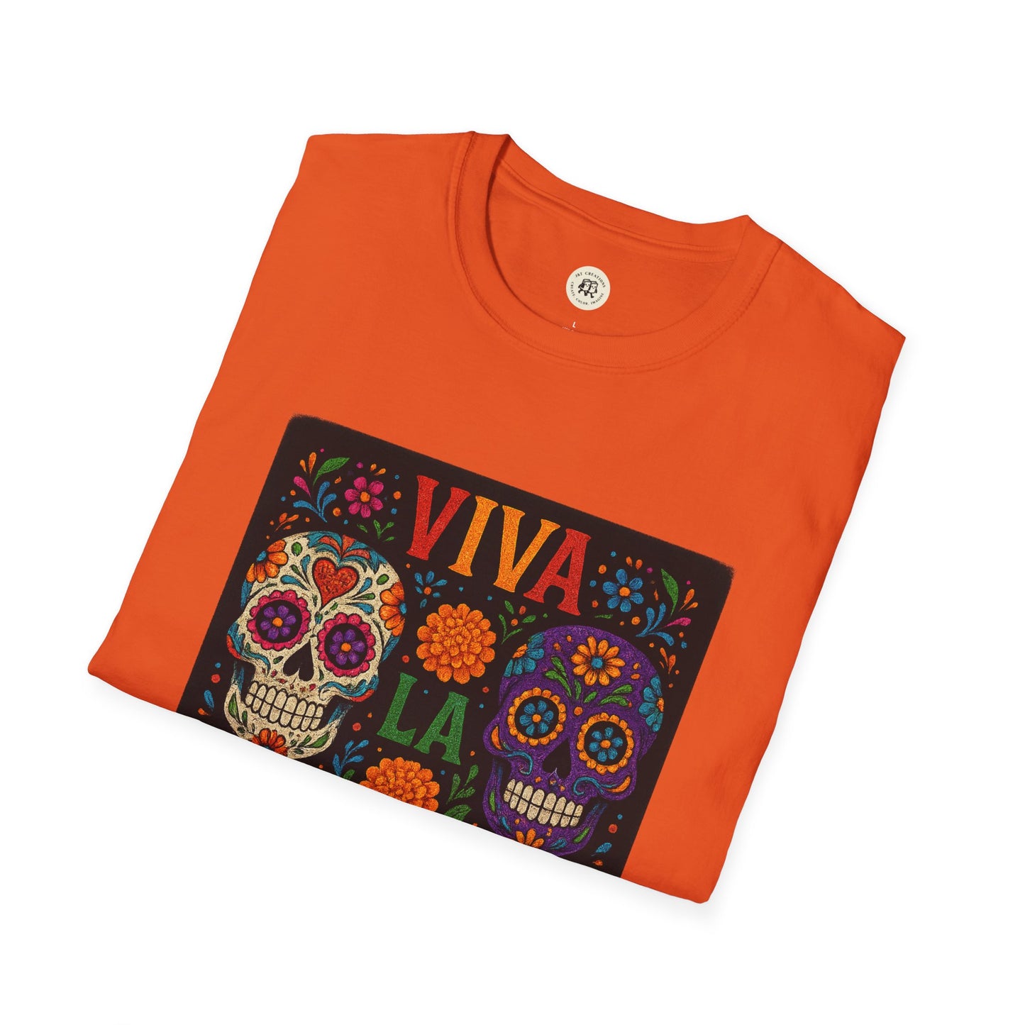 Printify orange folded Tshirt with colorful sugar skull Viva La graphic print Day of the Dead skull t-shirt
