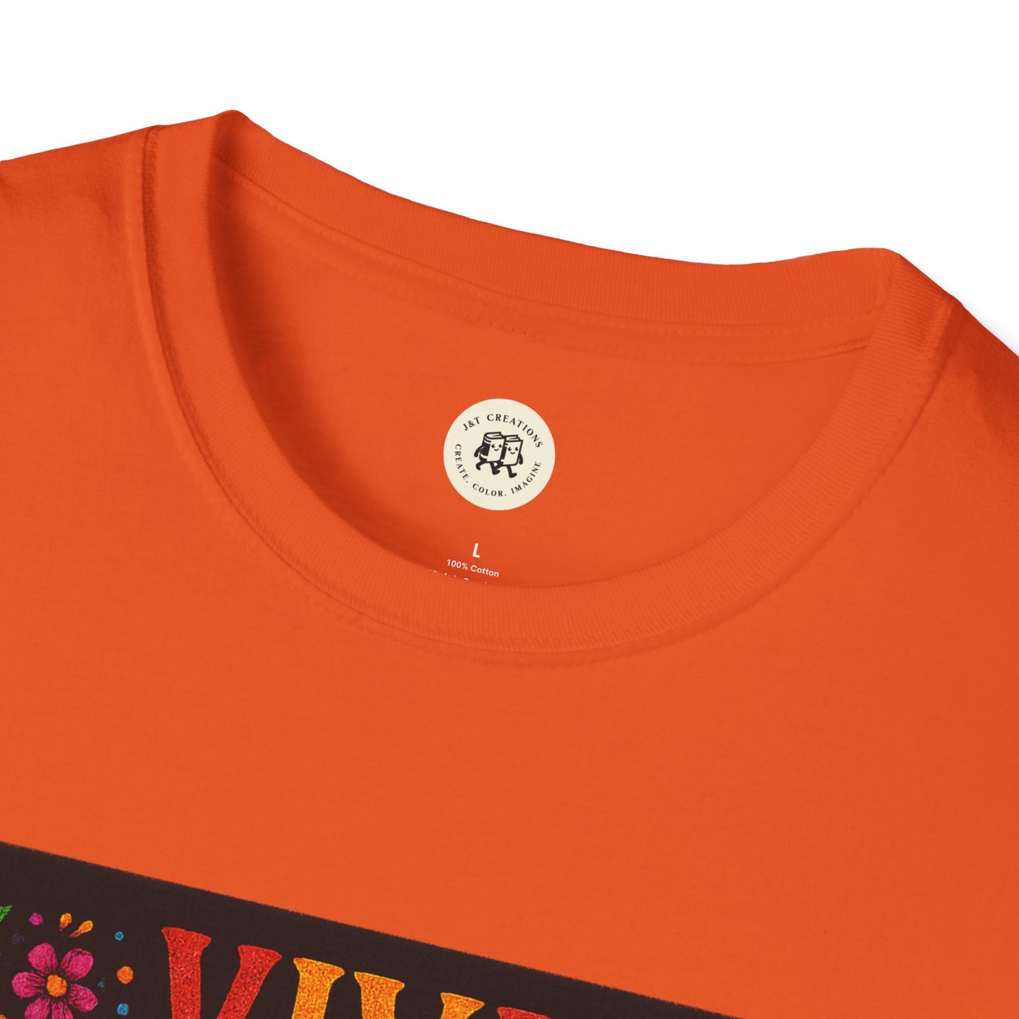 Printify orange crew neck Day of the Dead skull t-shirt close up of neckline and colorful floral graphic