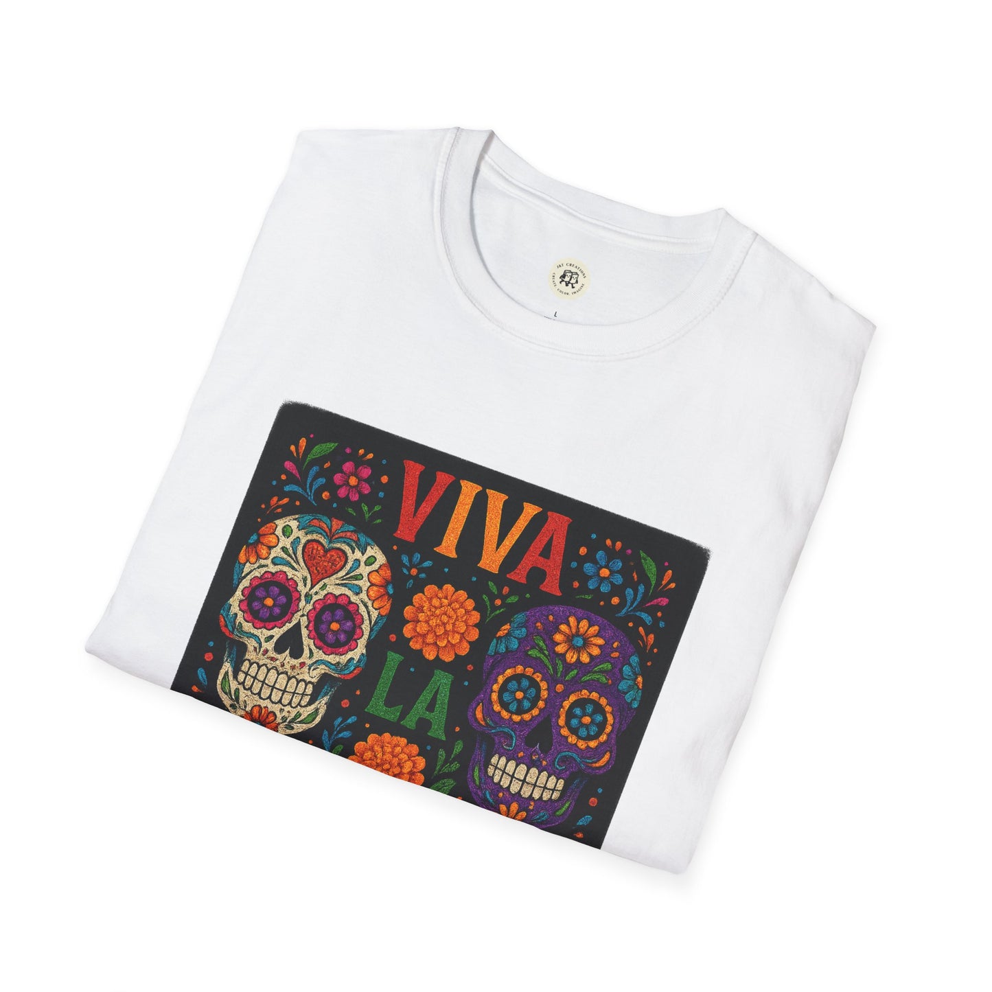 Printify white folded Day of the Dead skull t-shirt with colorful Viva La floral sugar skull design