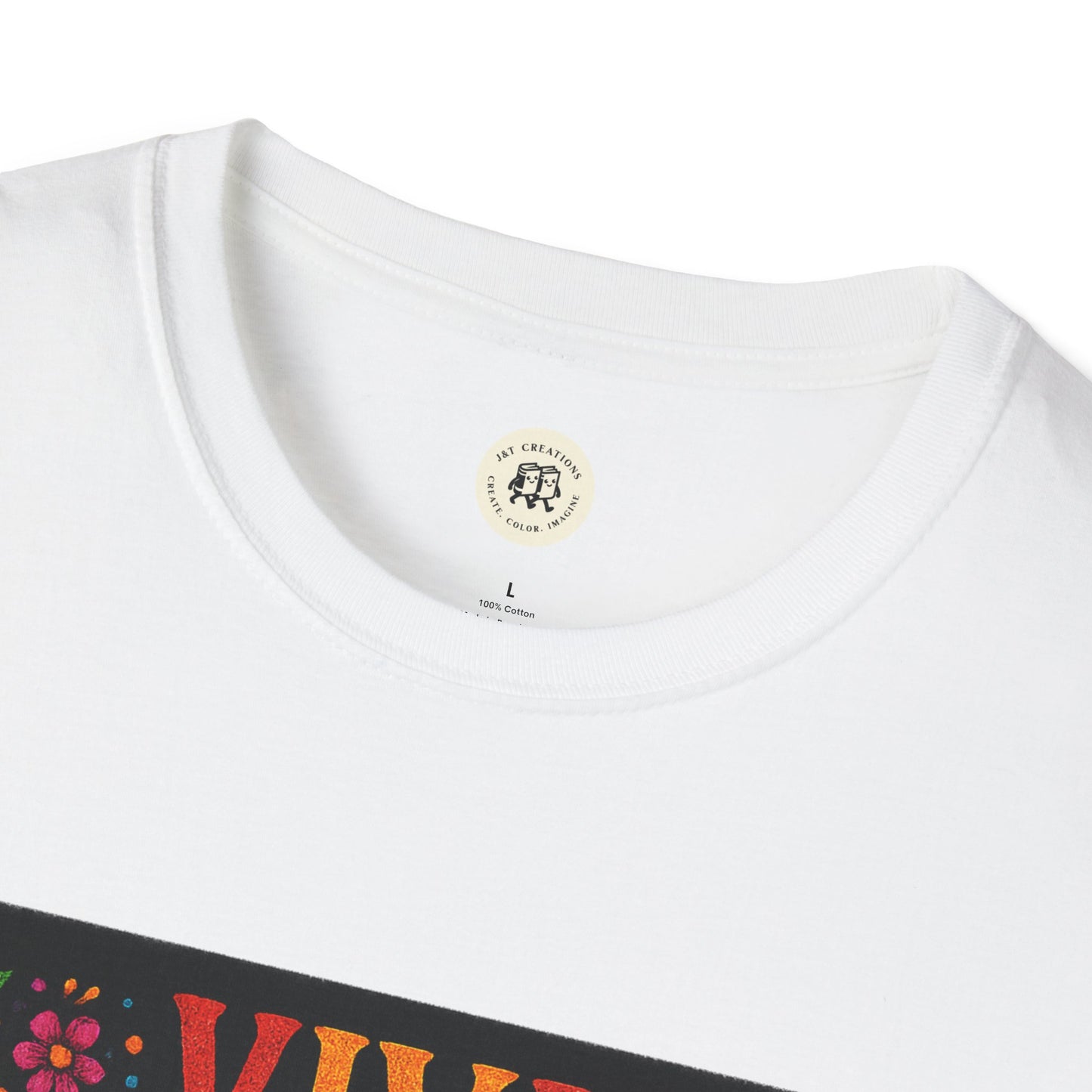 Day of the Dead skull t-shirt Printify white crew neck closeup showing colorful floral skull graphic and top hem