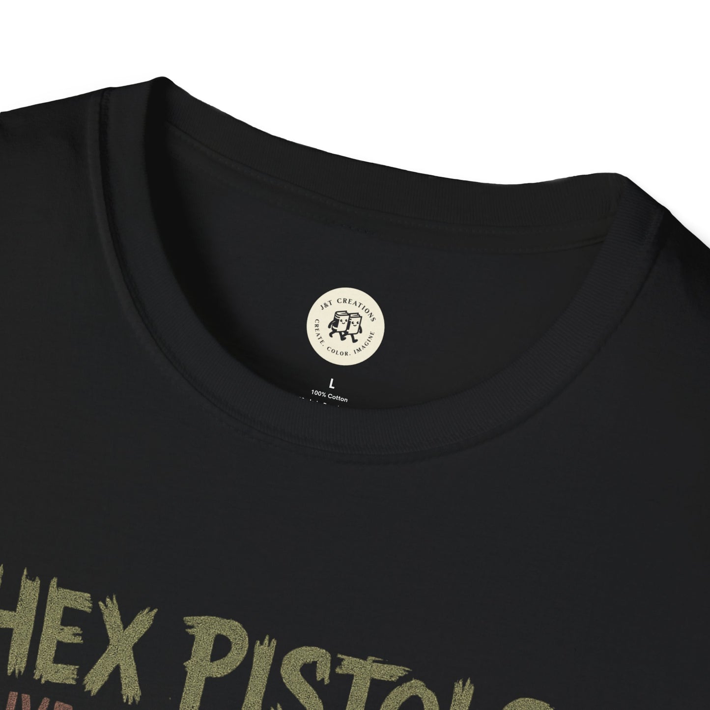 Printify black vintage band graphic t-shirt featuring a faded HEX PISTOLS design