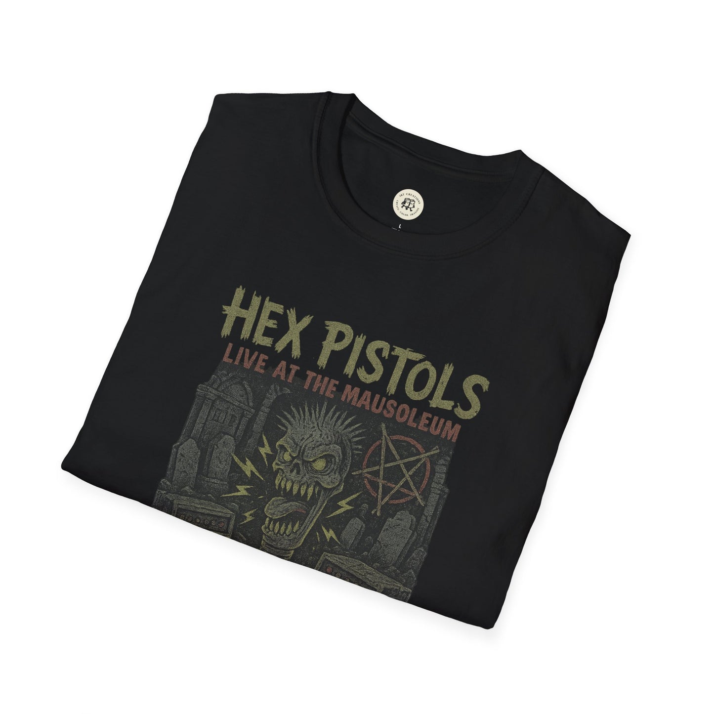Black vintage band graphic t-shirt featuring Hex Pistols live at the mausoleum design by Printify