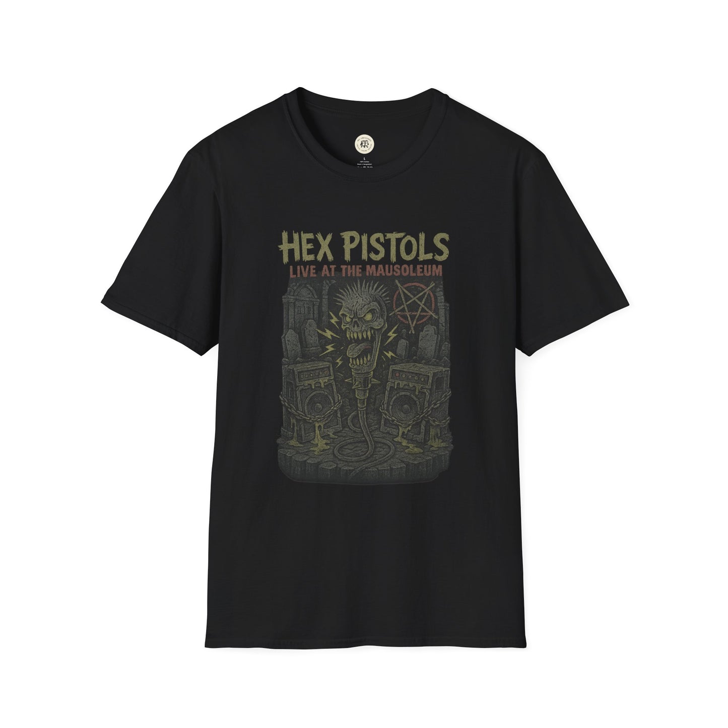 Printify black vintage band graphic t-shirt featuring Hex Pistols live at the mausoleum design
