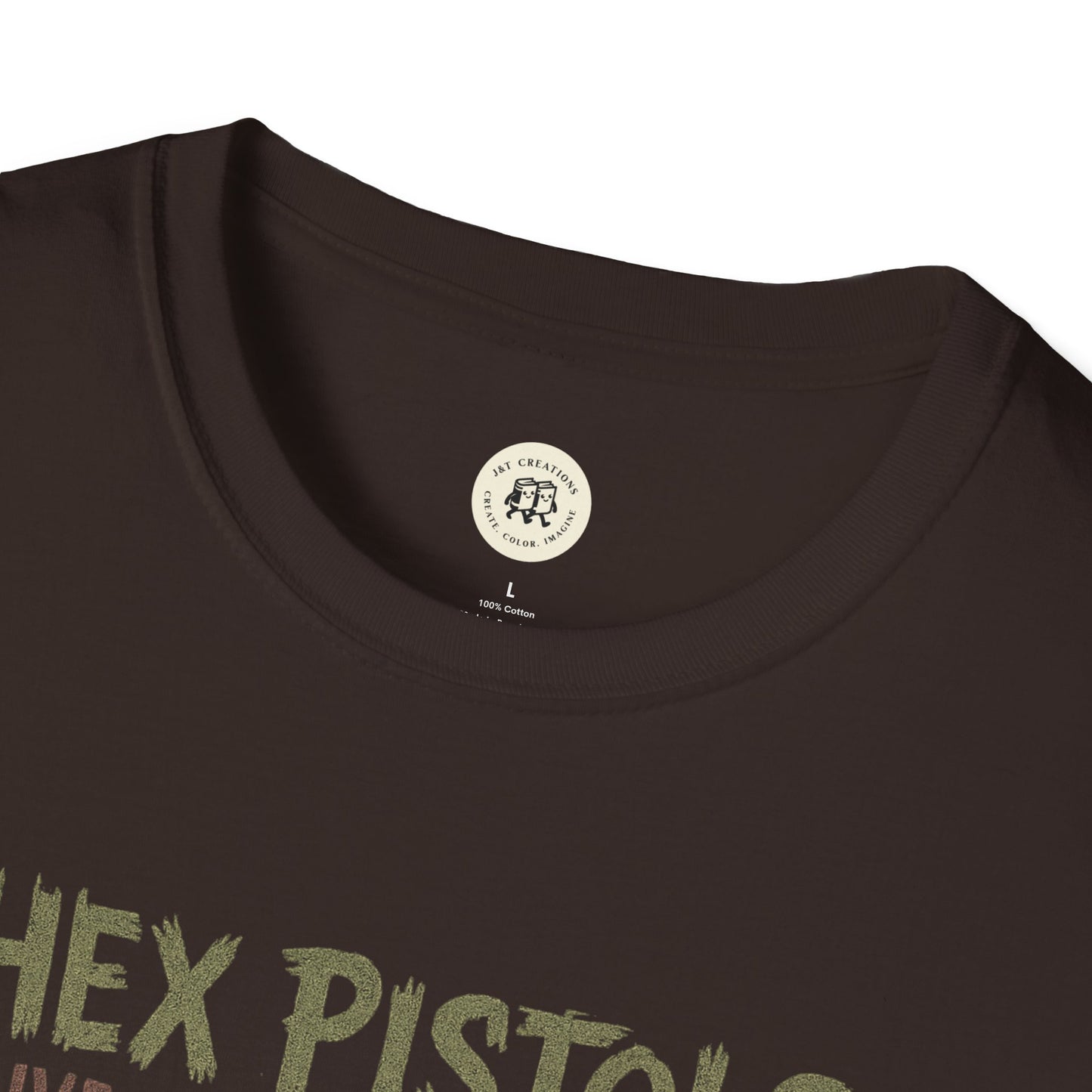 Printify vintage band graphic t-shirt with Hex Pistols design in dark brown cotton fabric