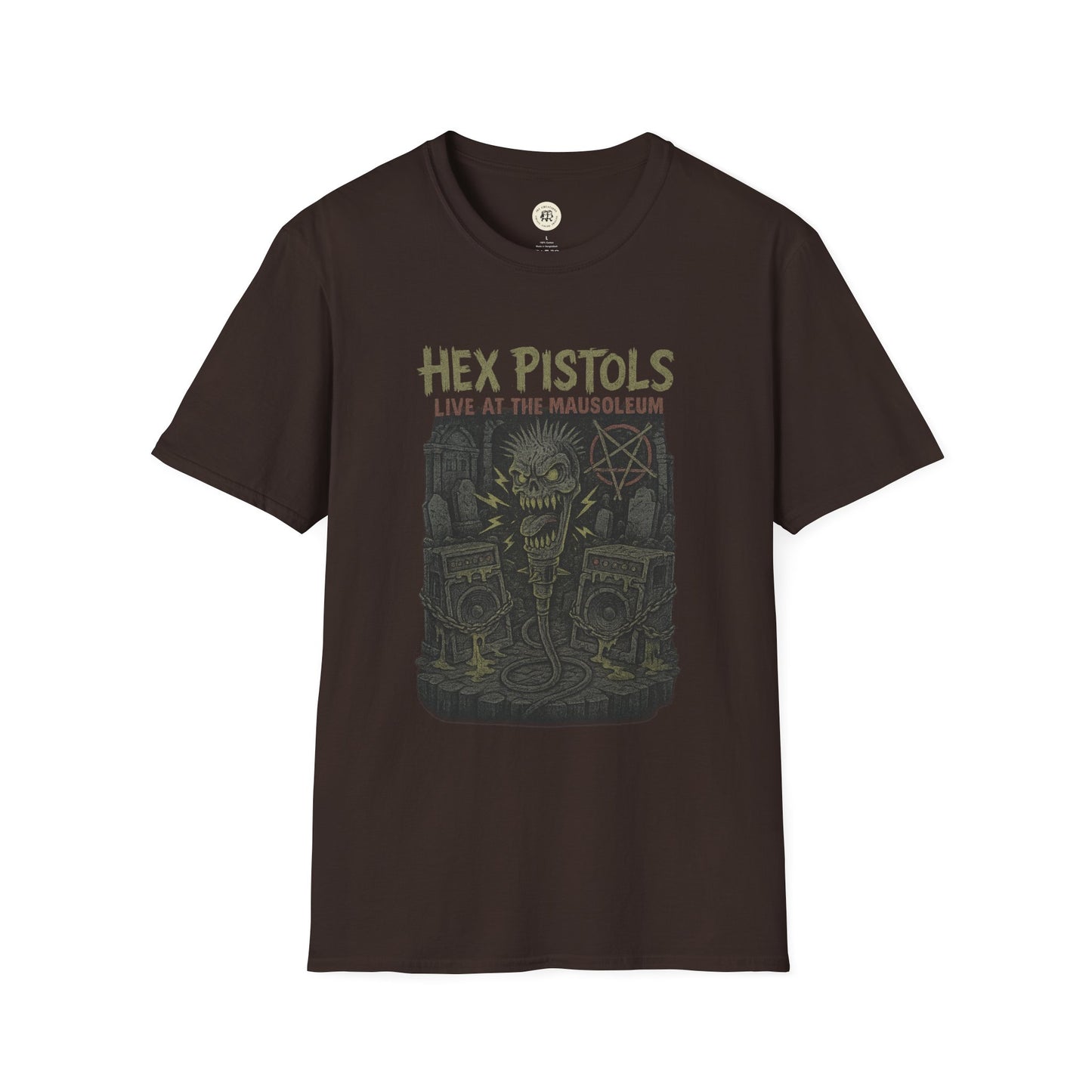 Printify vintage band graphic t-shirt featuring Hex Pistols live at the mausoleum design on a dark brown shirt