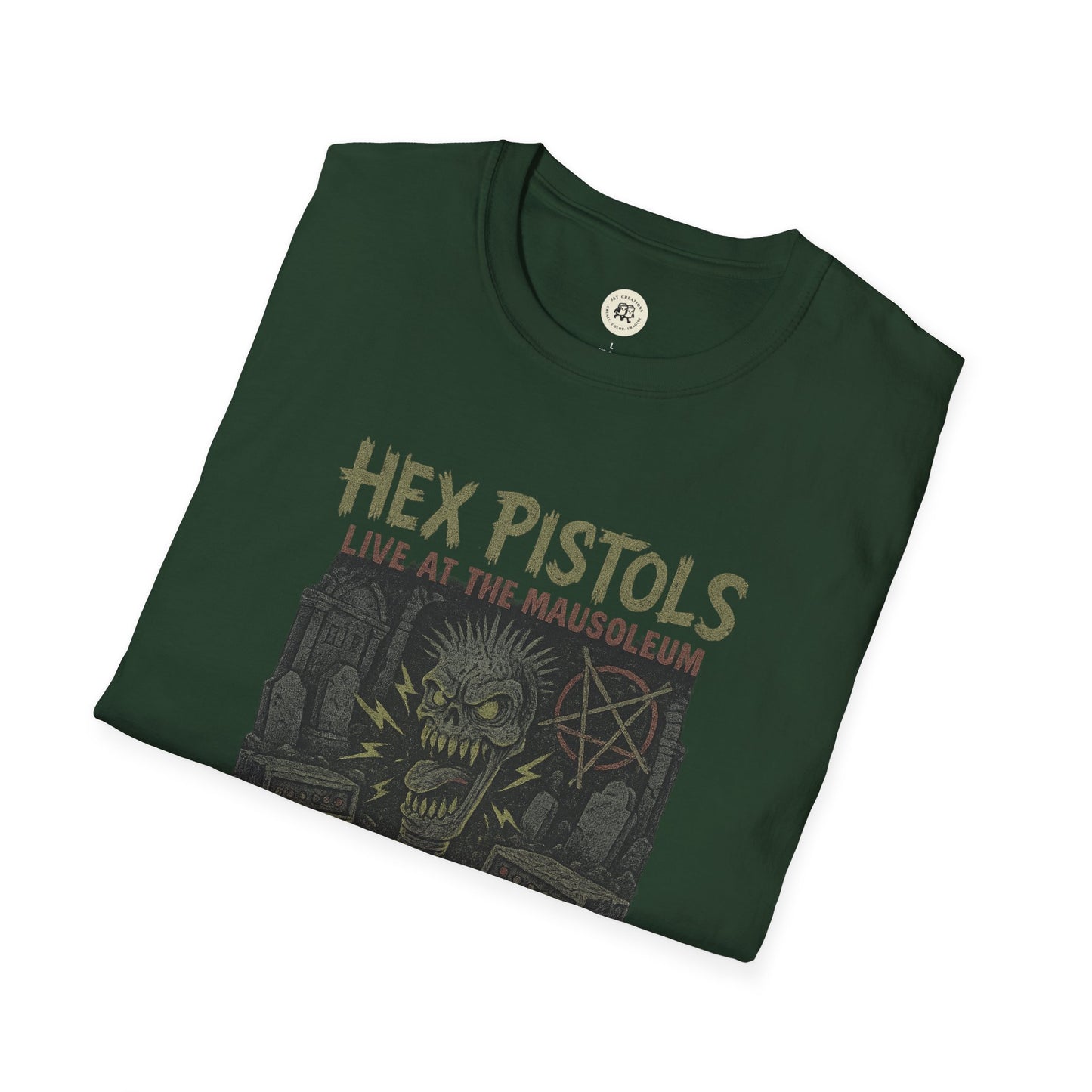 Printify vintage band graphic t-shirt with Hex Pistols live at the mausoleum design on dark green fabric
