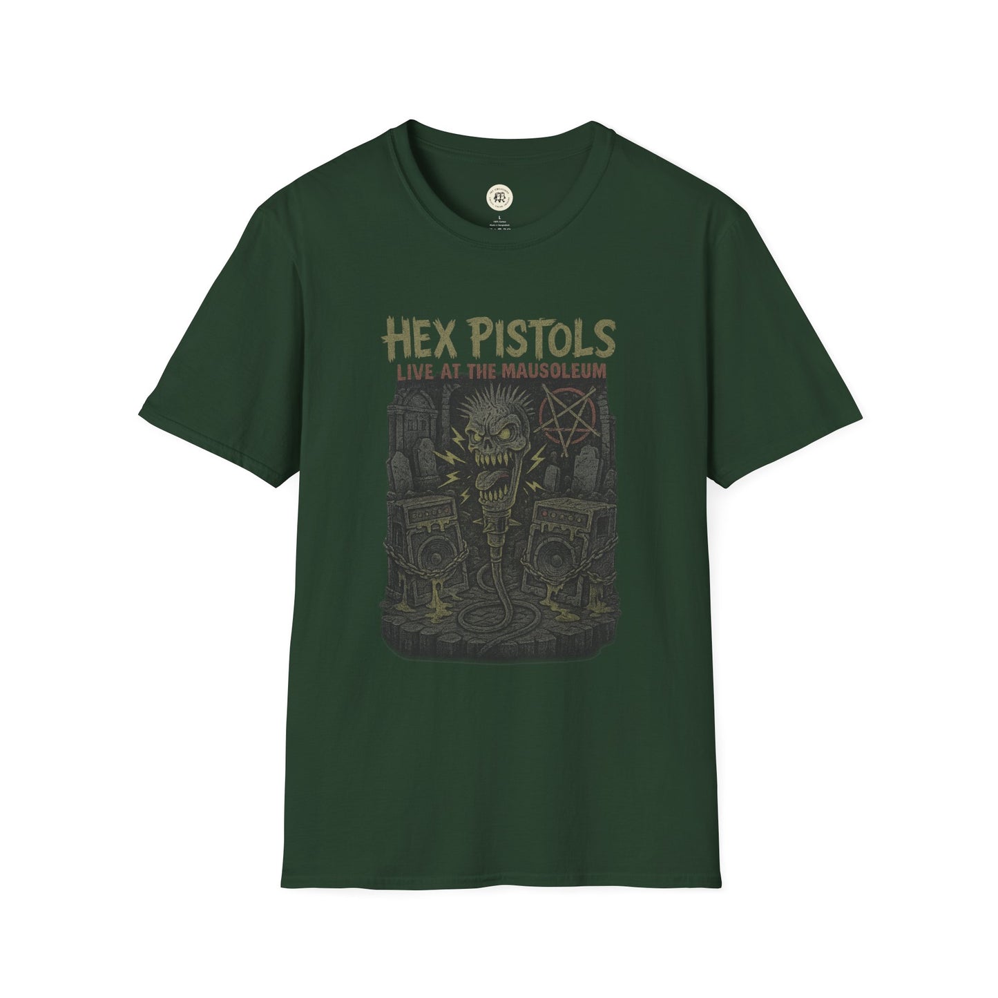 Green Printify vintage band graphic t-shirt with Hex Pistols live at the mausoleum artwork