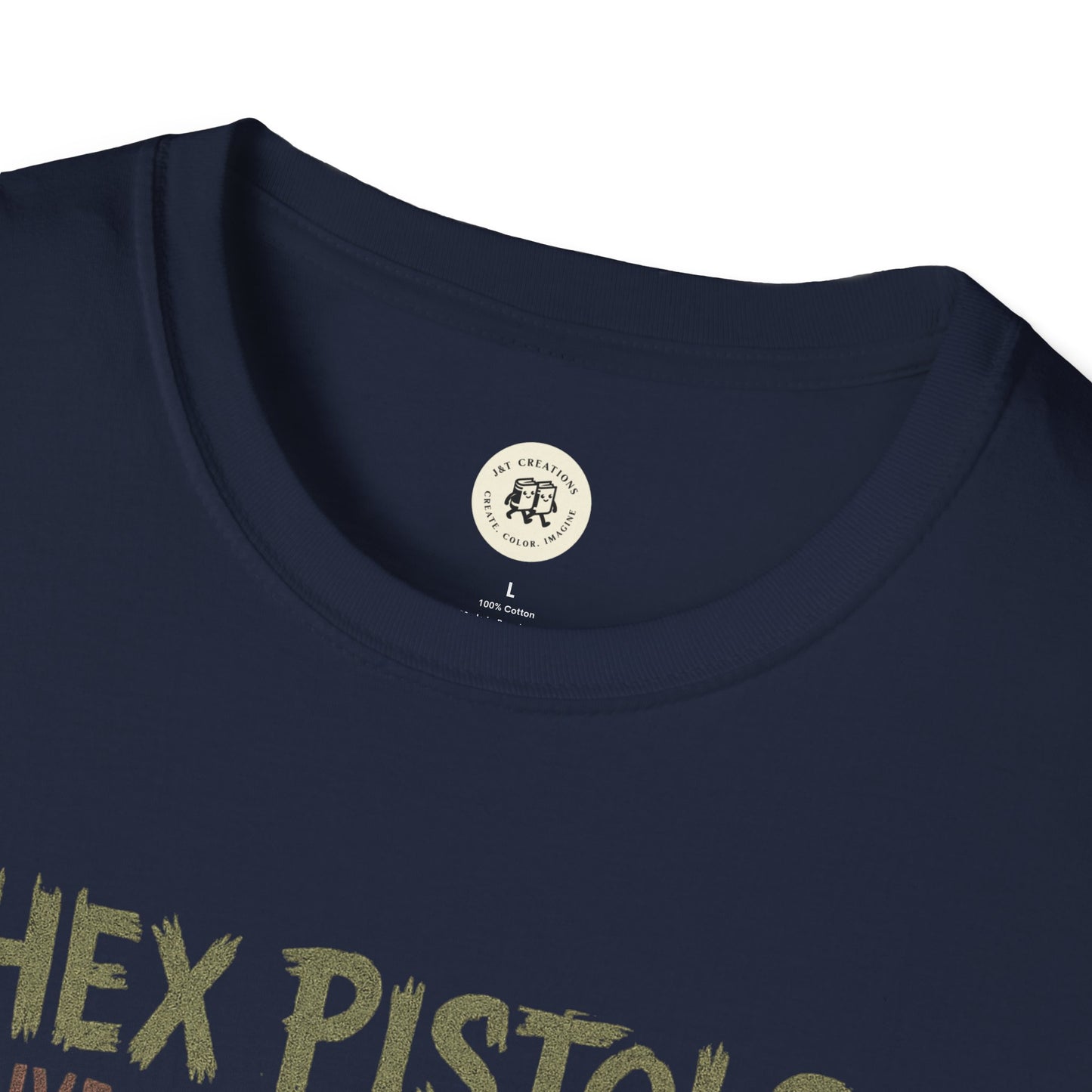 Close-up of navy Printify T-shirt with faded vintage band graphic t-shirt design and round neckline