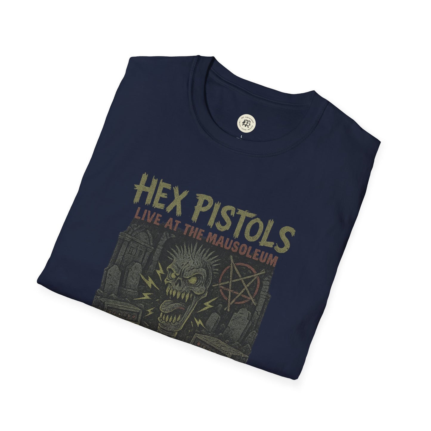 Printify navy vintage band graphic t-shirt featuring Hex Pistols live at the mausoleum design