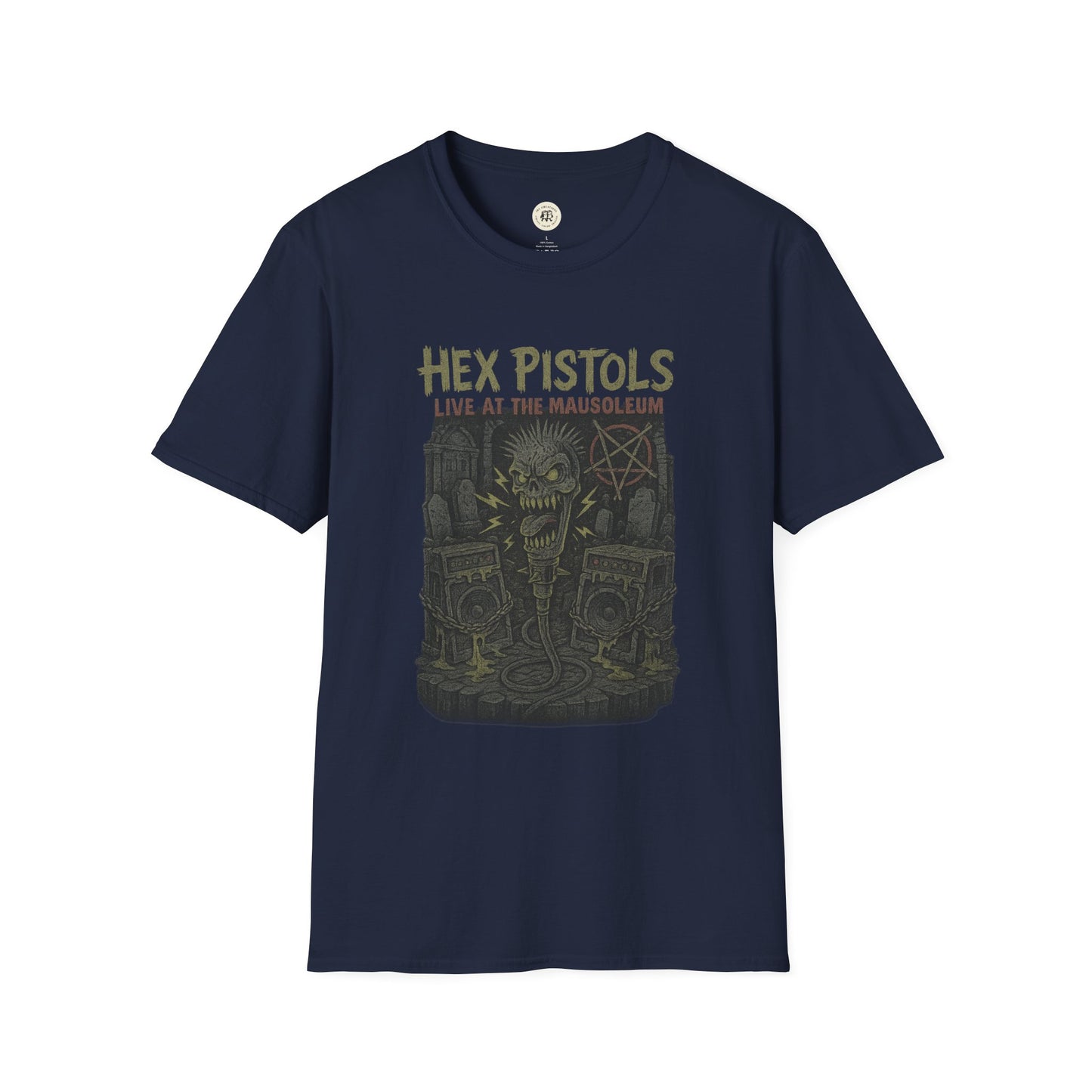 Printify navy vintage band graphic t-shirt with Hex Pistols live at the mausoleum design