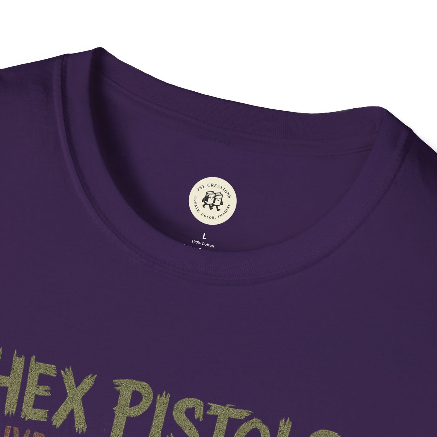 Close-up of purple Printify vintage band graphic t-shirt with Hex Pistols text design