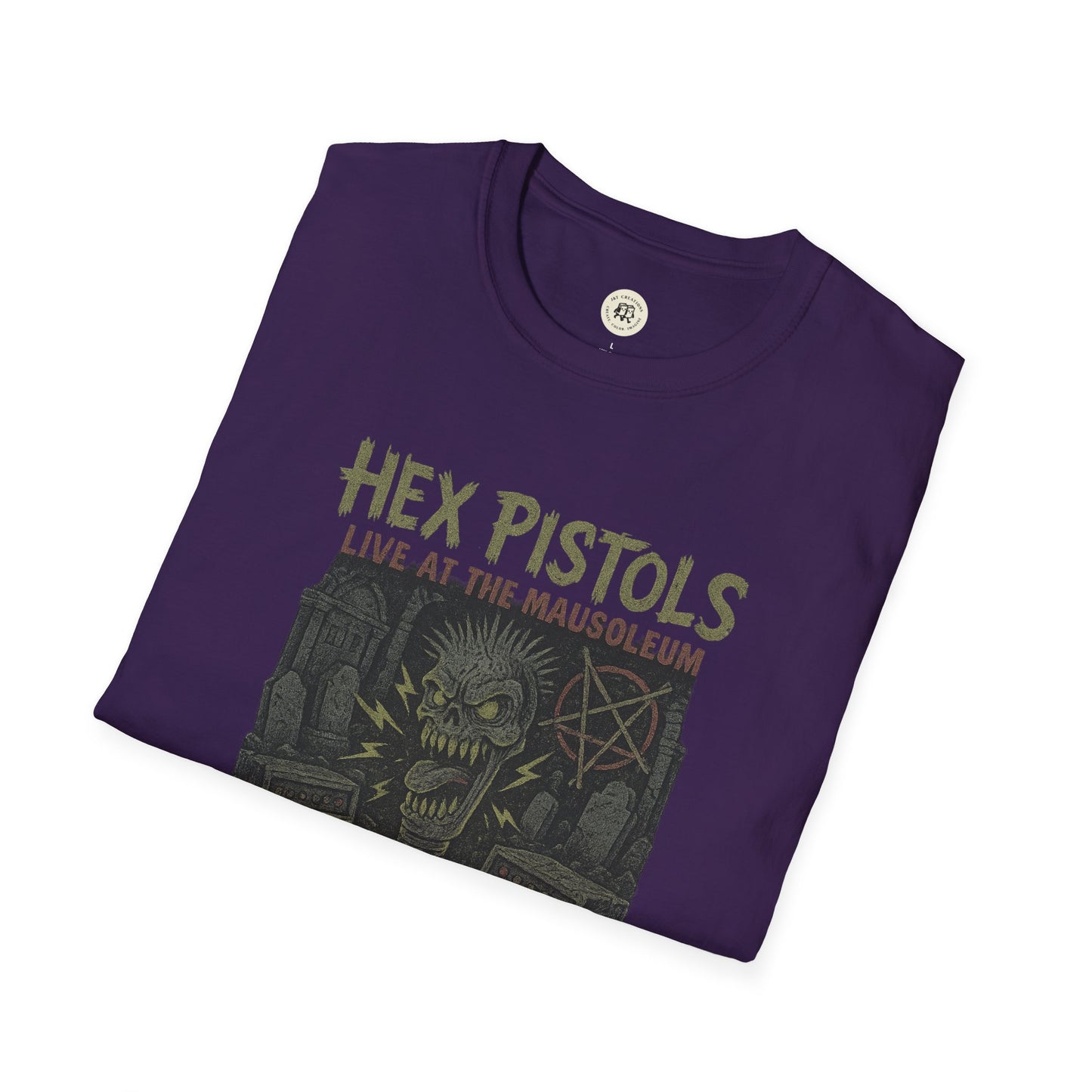 Purple vintage band graphic t-shirt featuring Hex Pistols live at the mausoleum design by Printify