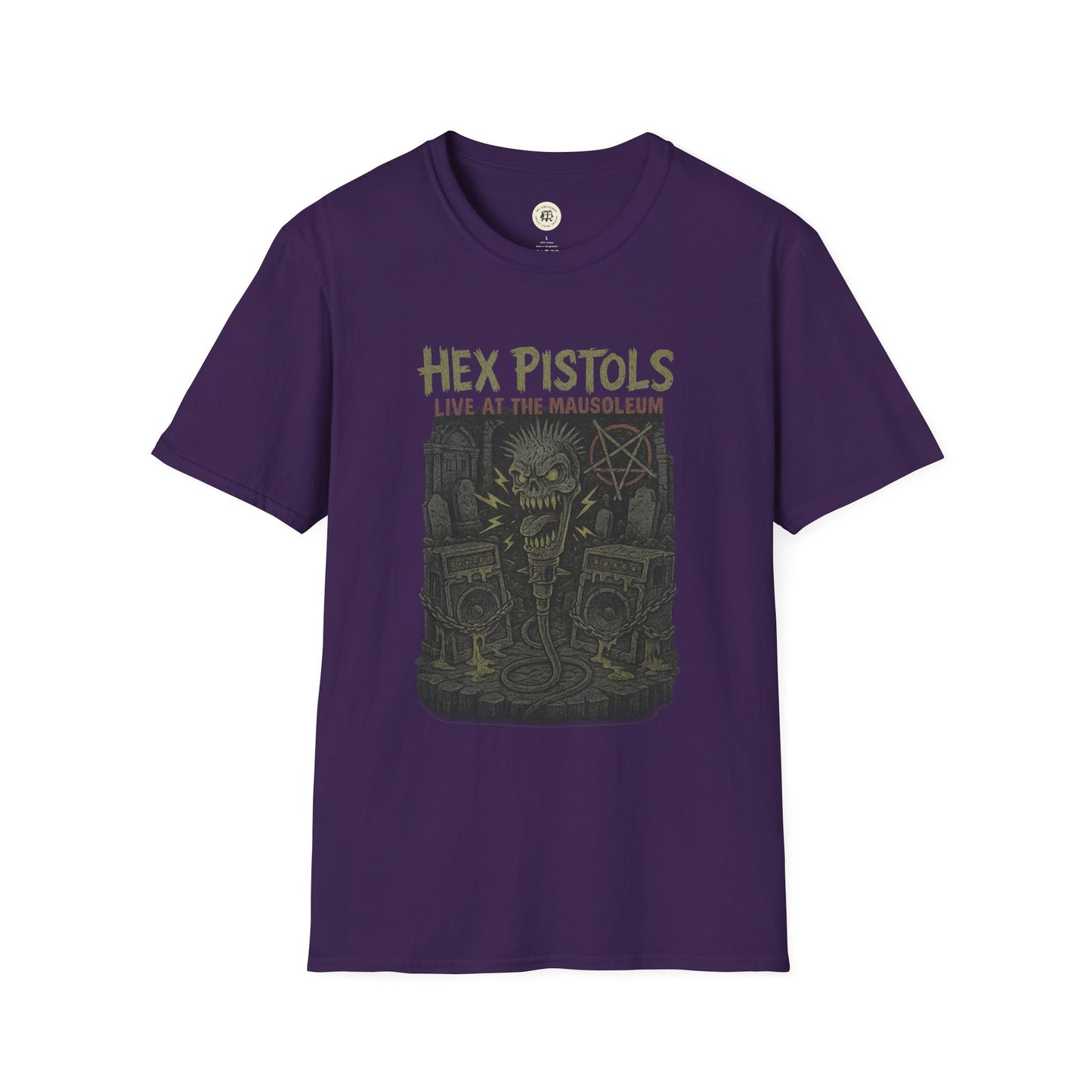 Printify purple vintage band graphic t-shirt with Hex Pistols live at the mausoleum concert design