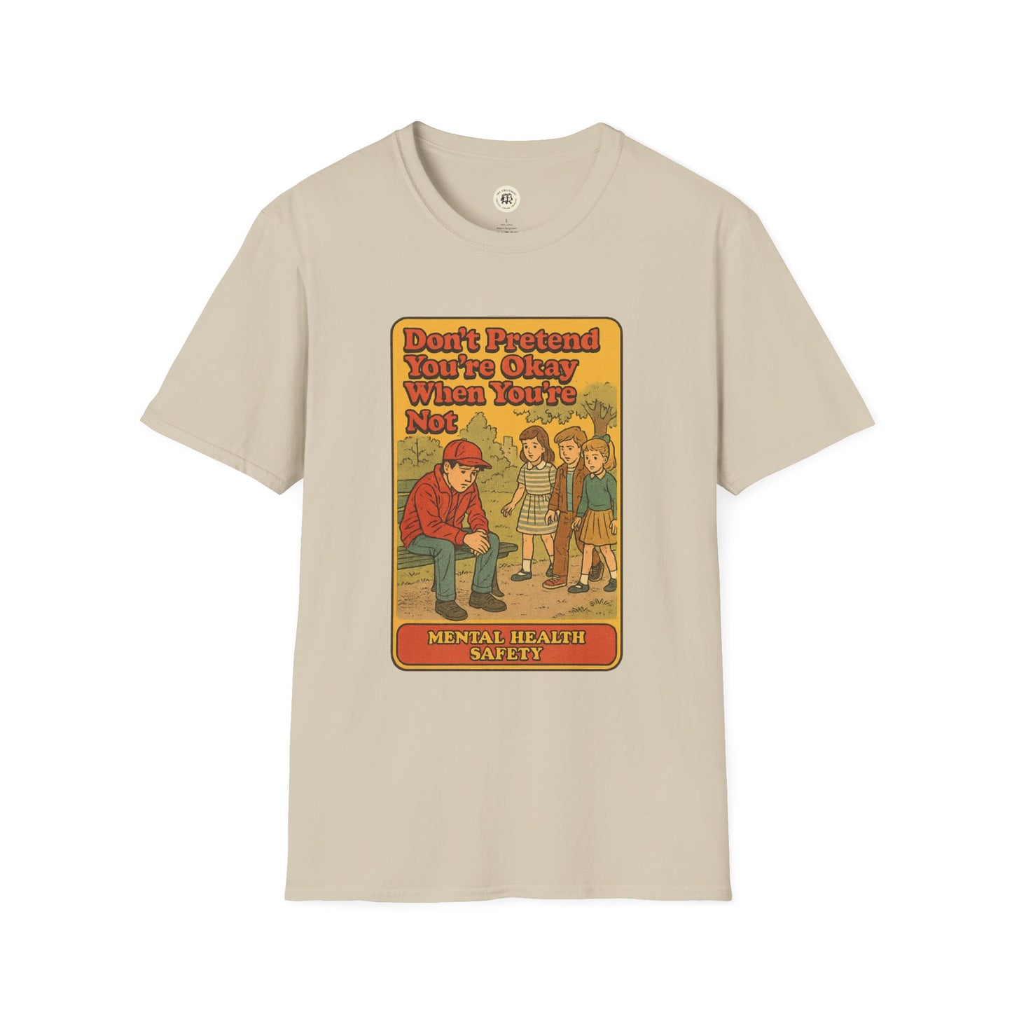 Printify beige Holden Caulfield mental health t-shirt with vintage style mental health awareness graphic