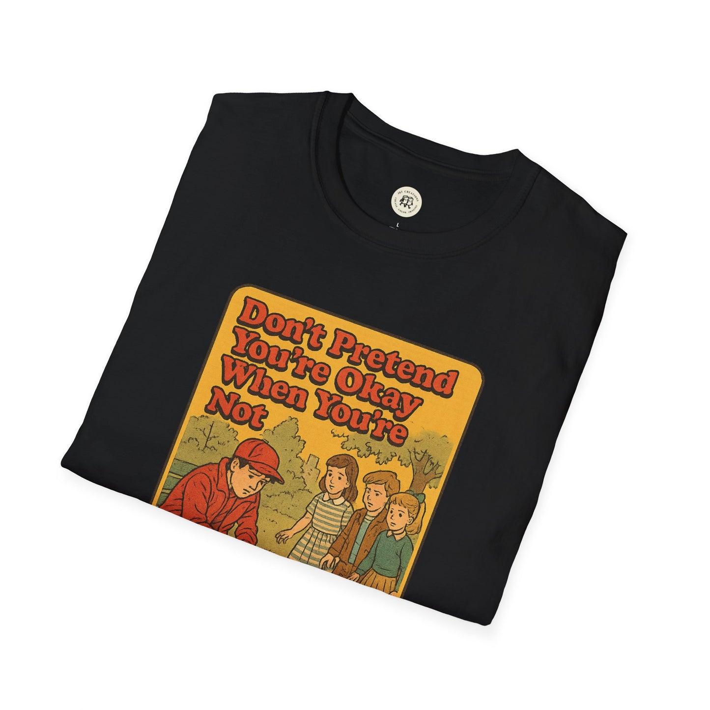 Black Printify Holden Caulfield mental health t-shirt with vintage comic style graphic and motivational text