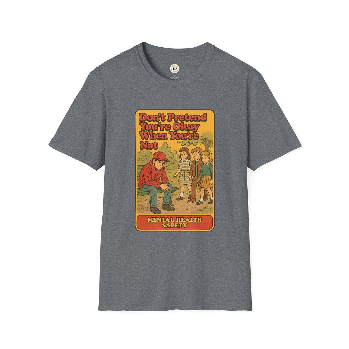 Gray Printify t-shirt featuring a retro style Holden Caulfield mental health t-shirt design with mental health safety message
