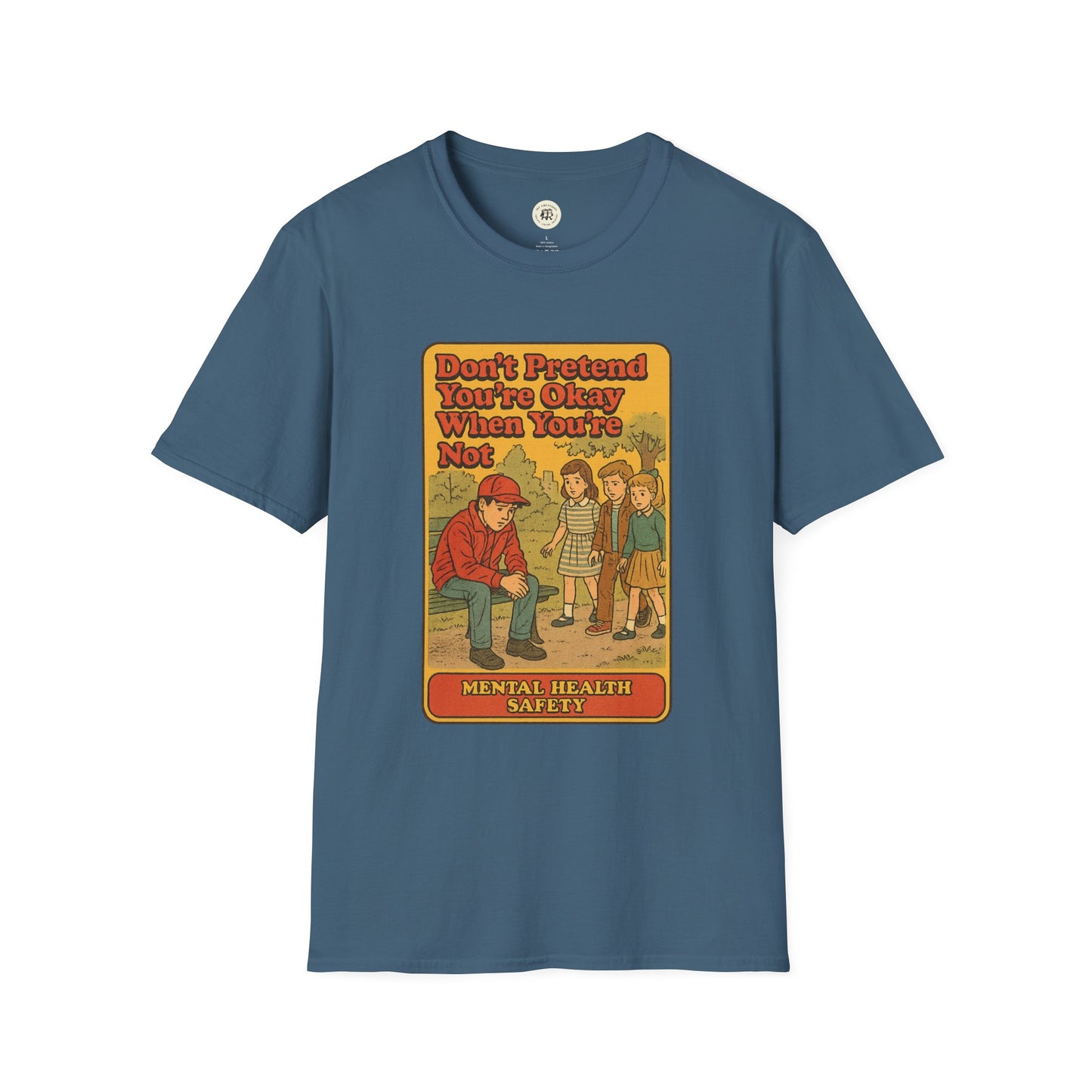 Printify Holden Caulfield mental health t-shirt with vintage style mental health safety graphic on blue fabric