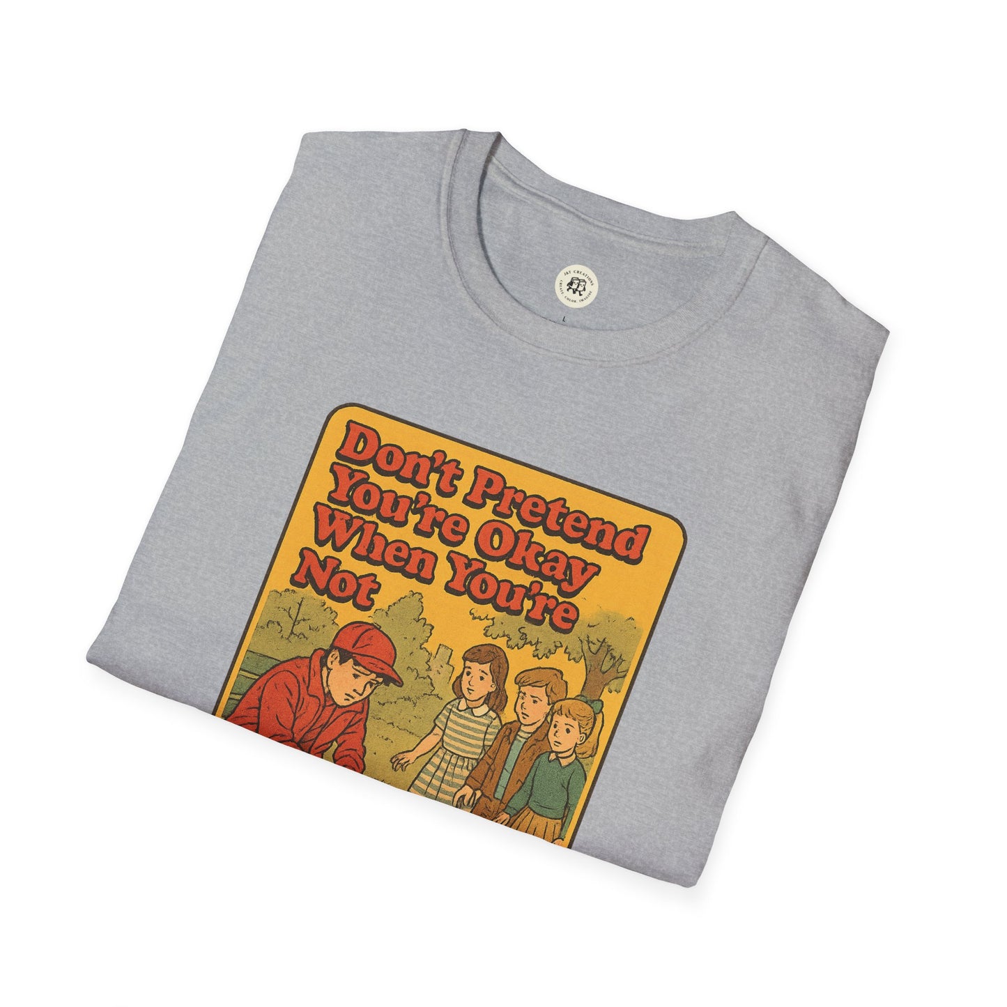 Gray Holden Caulfield mental health t-shirt by Printify with vintage style graphic and motivational text