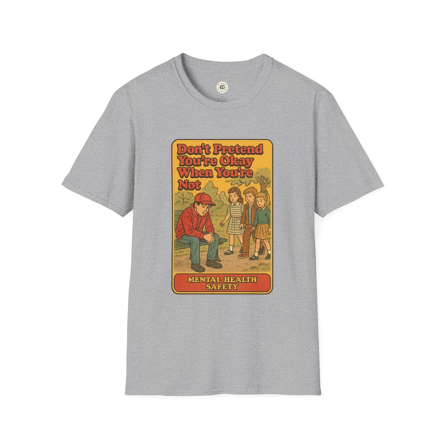 Holden Caulfield mental health t-shirt by Printify with vintage style mental health safety graphic