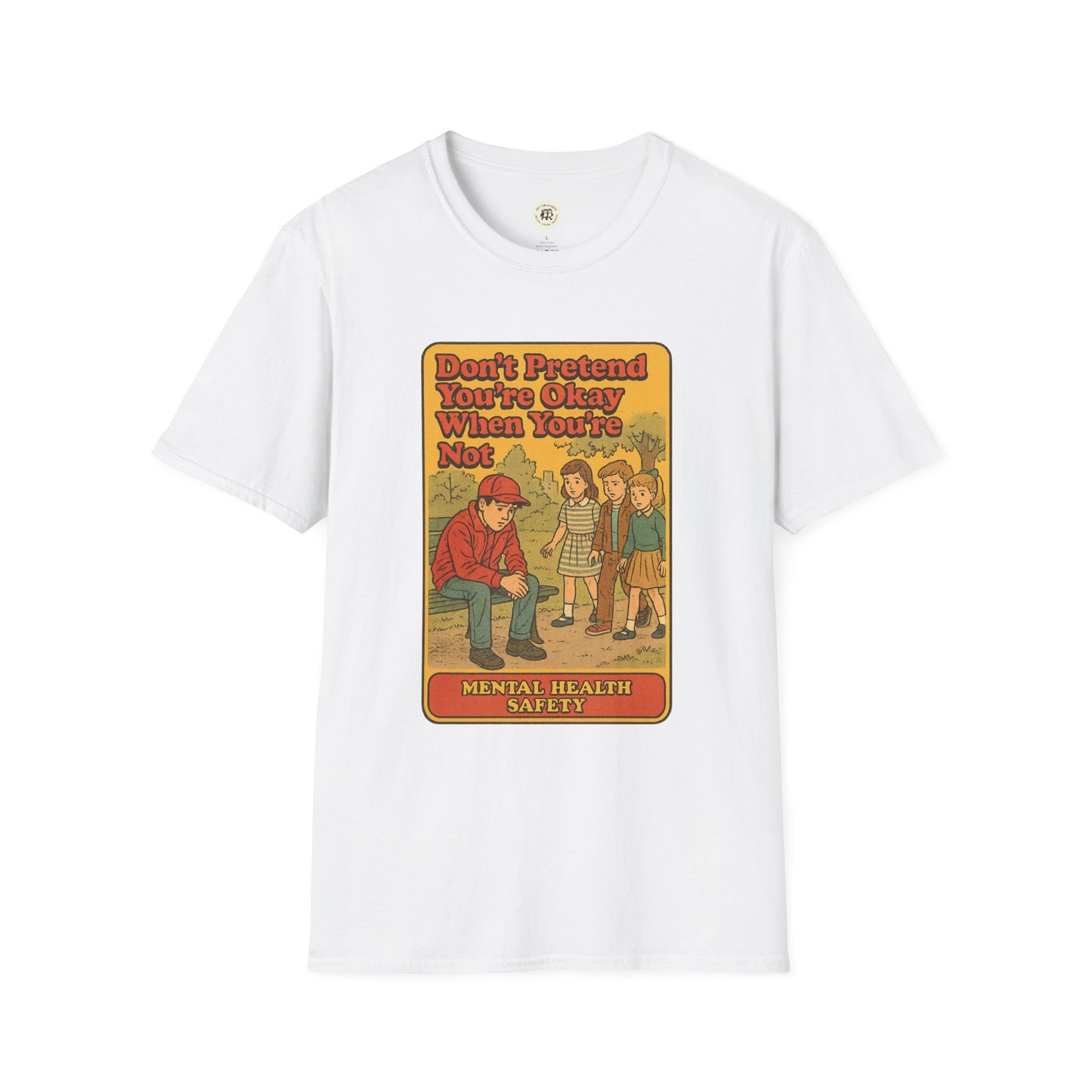 White Printify Holden Caulfield mental health t-shirt with vintage style mental health safety graphic