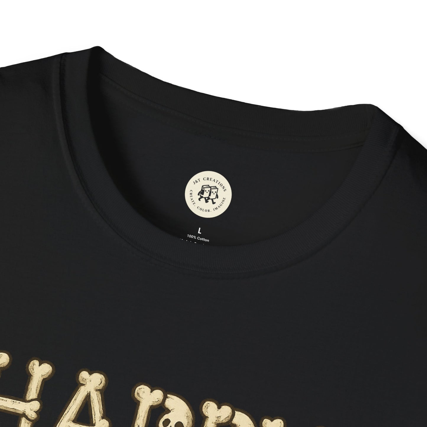 Close-up of black Halloween skeleton shirt with cream skeleton design and round neckline