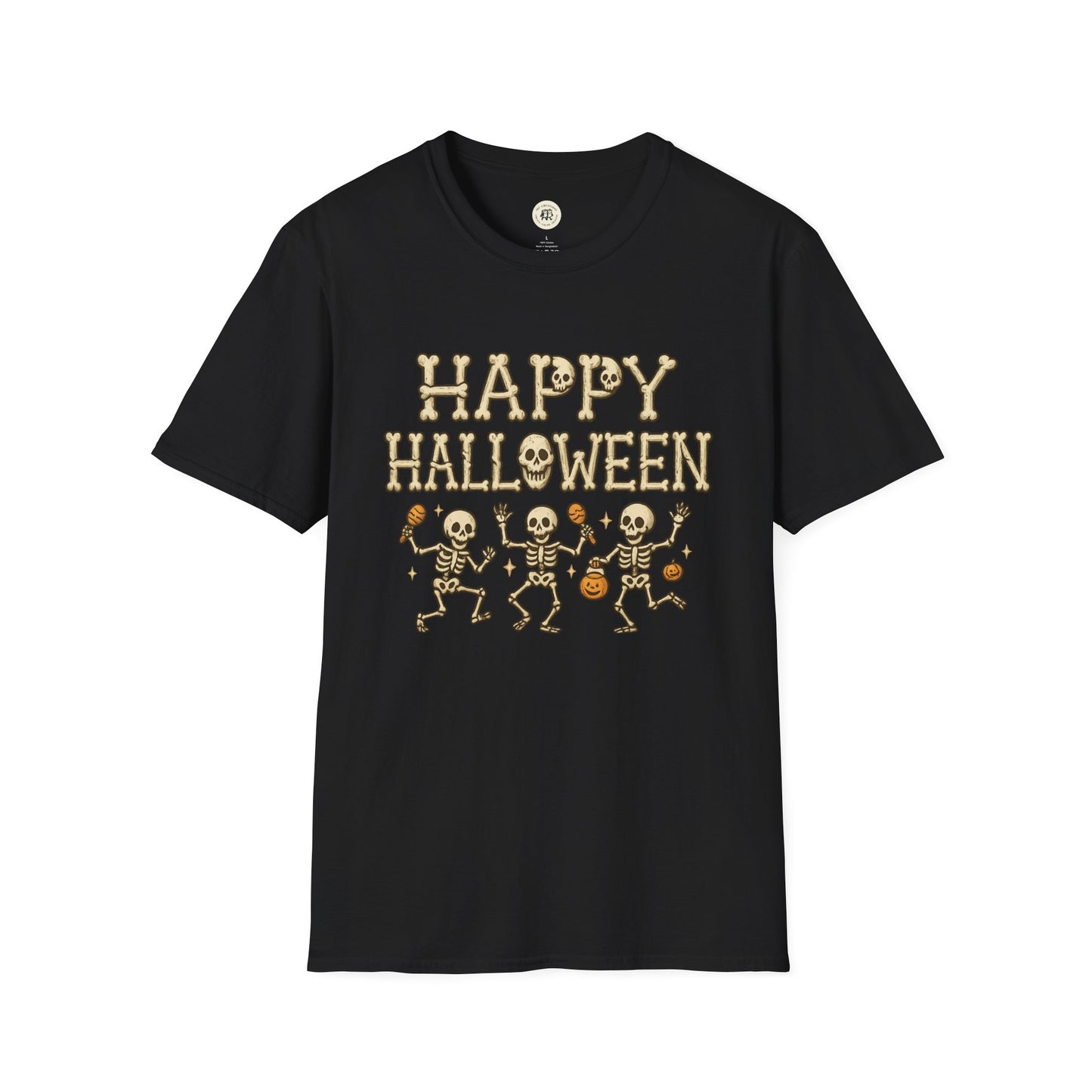 Black Printify Halloween skeleton shirt with dancing skeletons and Happy Halloween text