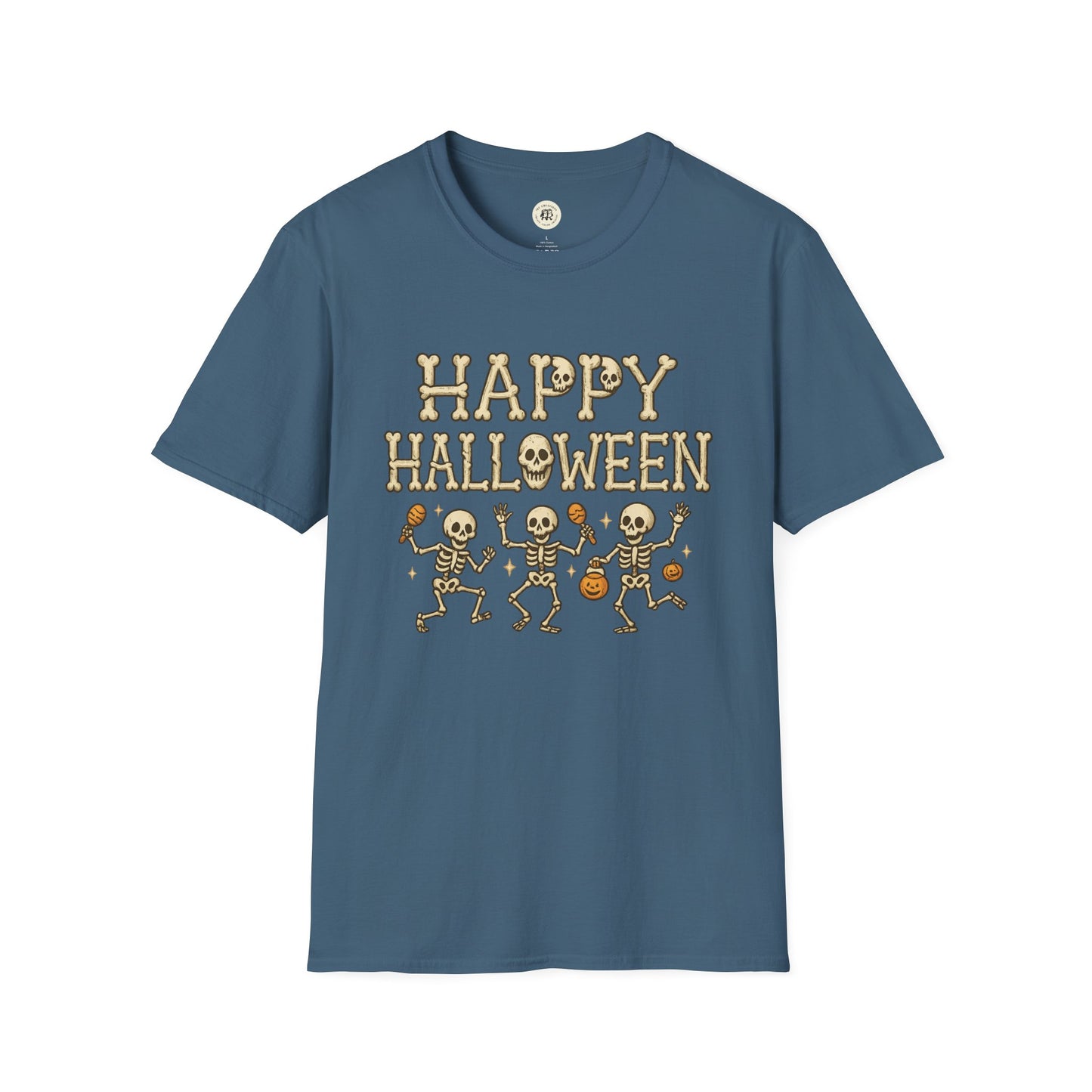 Printify Halloween skeleton shirt with dancing skeletons and Happy Halloween text on blue t-shirt