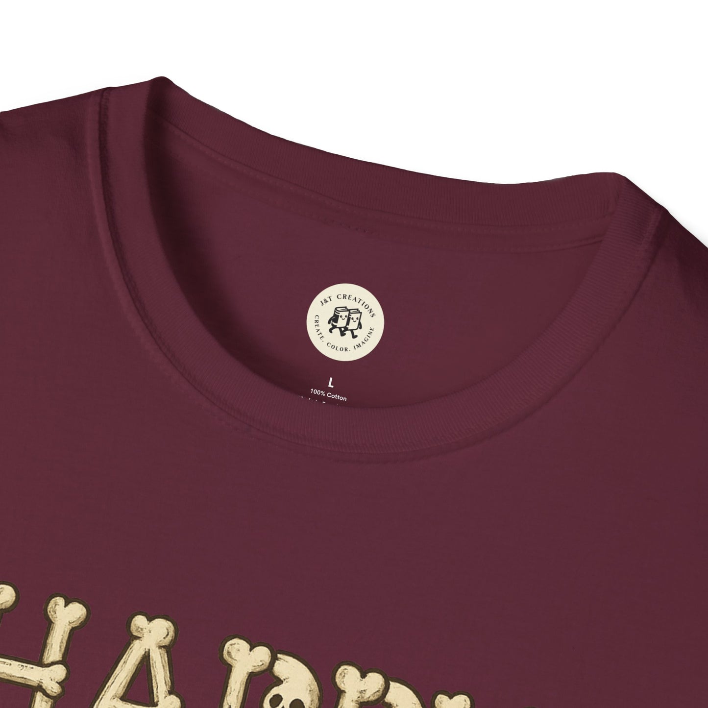 Close-up of burgundy Halloween skeleton shirt collar and Printify label on cotton T-shirt